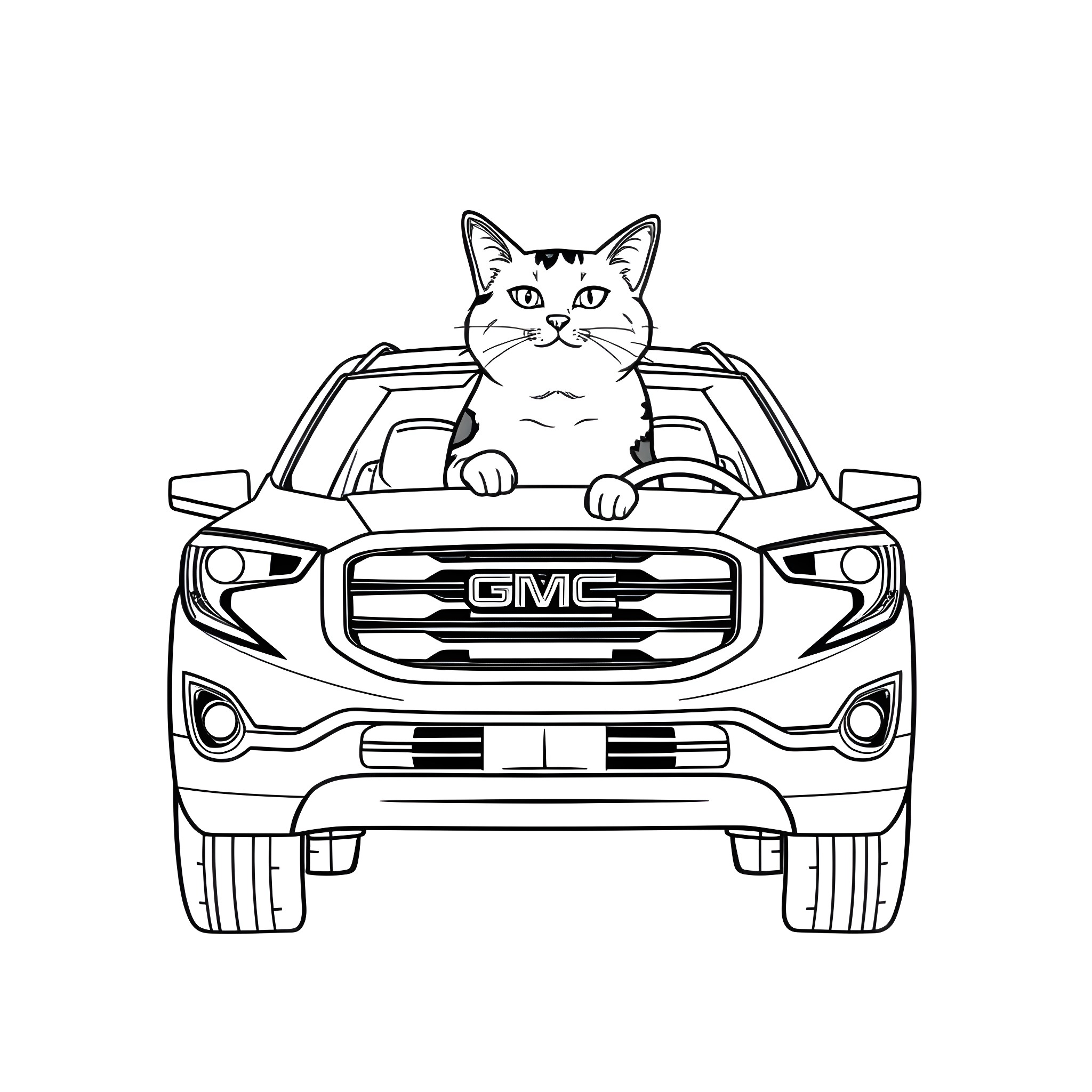 Calico Cat peeking out from a pickup truck Coloring Page (free black-and-white line drawing printable PDF for all, from beginners to advanced learners, including children, teens, adults, and seniors)
