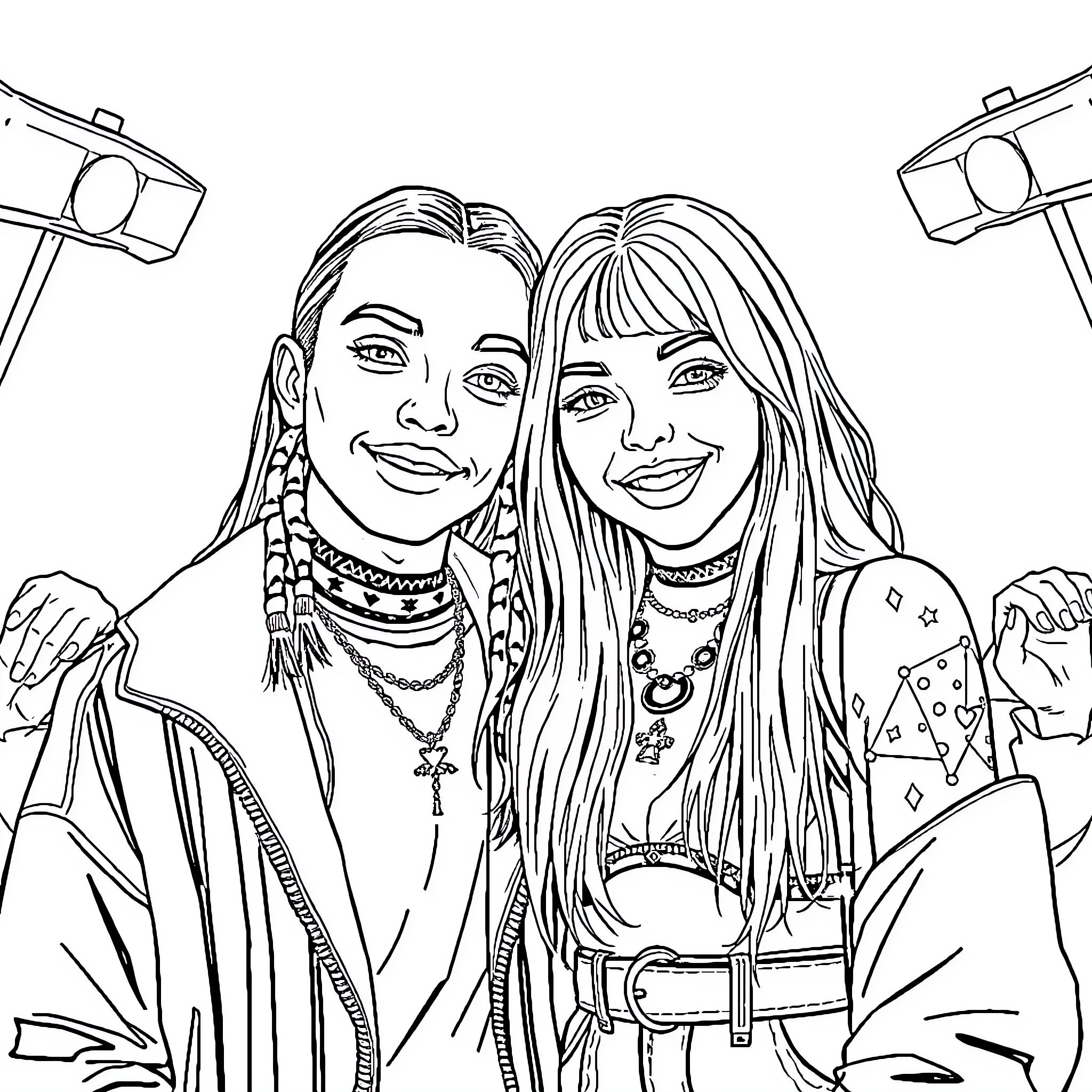 Jinx - Two Fashionable Friends Posing Together Coloring Page (free black-and-white line drawing printable PDF for all, from beginners to advanced learners, including children, teens, adults, and seniors)