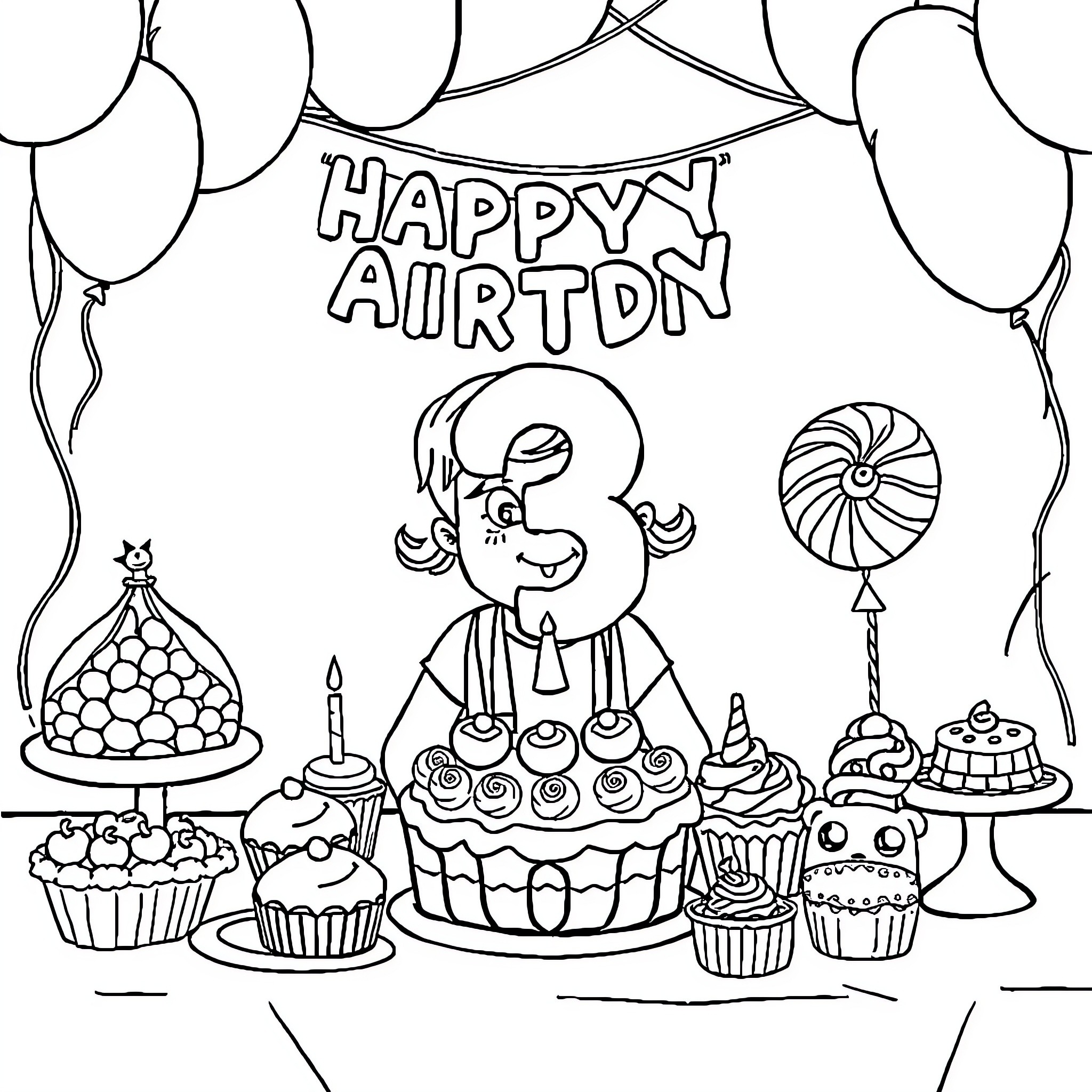 Birthday celebration with cake, treats, and balloons Coloring Page (free black-and-white line drawing printable PDF for all, from beginners to advanced learners, including children, teens, adults, and seniors)