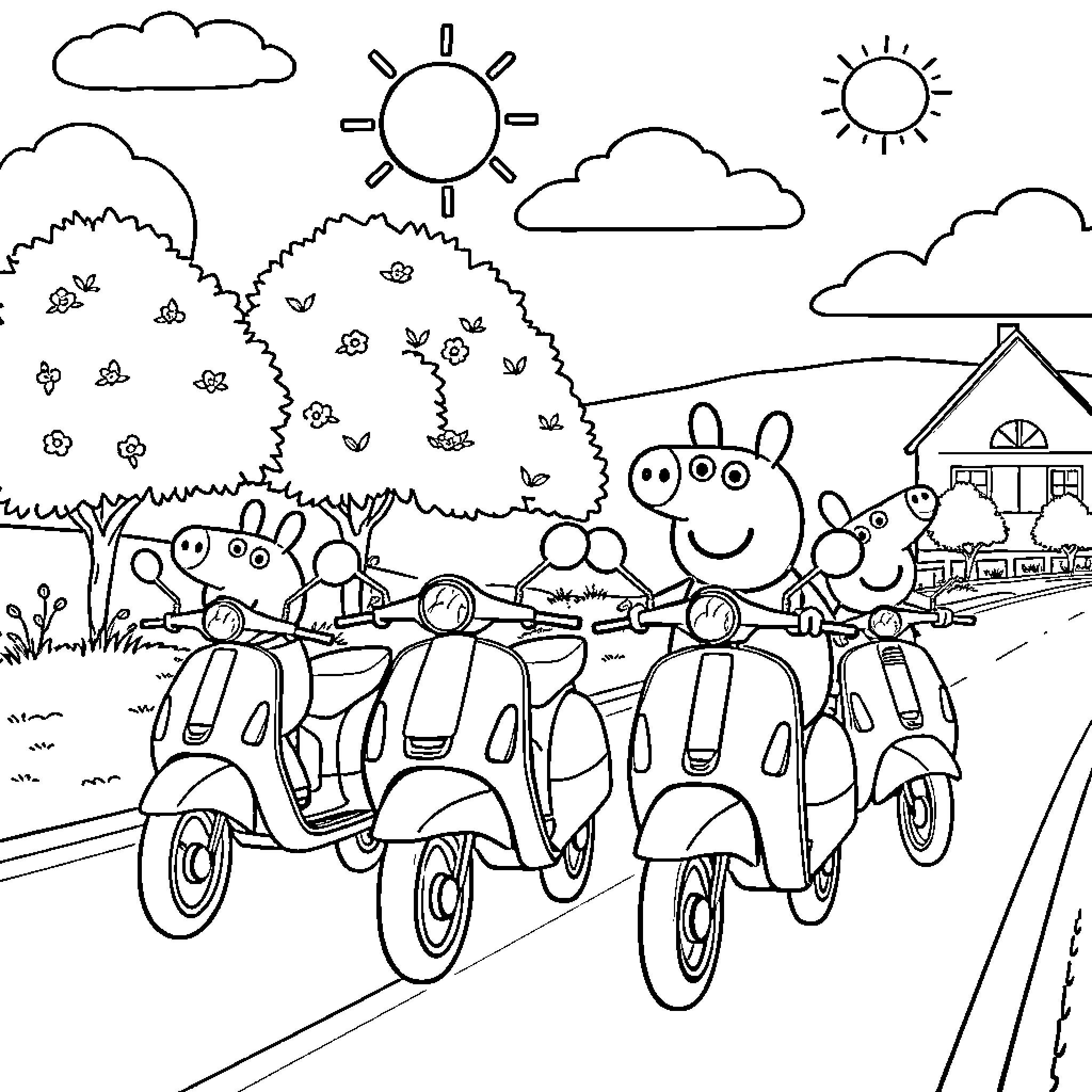 Peppa Pig family riding scooters in the countryside Coloring Page (free black-and-white line drawing printable PDF for all, from beginners to advanced learners, including children, teens, adults, and seniors)
