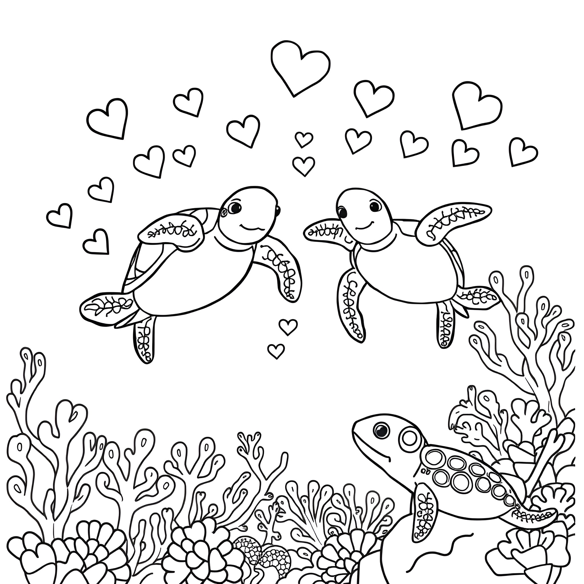 Sea Turtles swimming joyfully with hearts Coloring Page (free black-and-white line drawing printable PDF for all, from beginners to advanced learners, including children, teens, adults, and seniors)