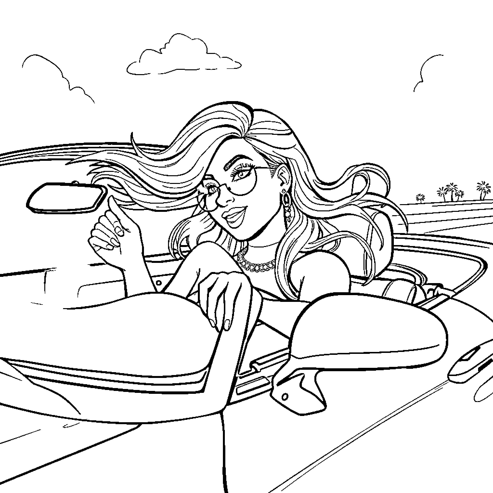 Nicki Minaj enjoying a joyride in a convertible Coloring Page (free black-and-white line drawing printable PDF for all, from beginners to advanced learners, including children, teens, adults, and seniors)