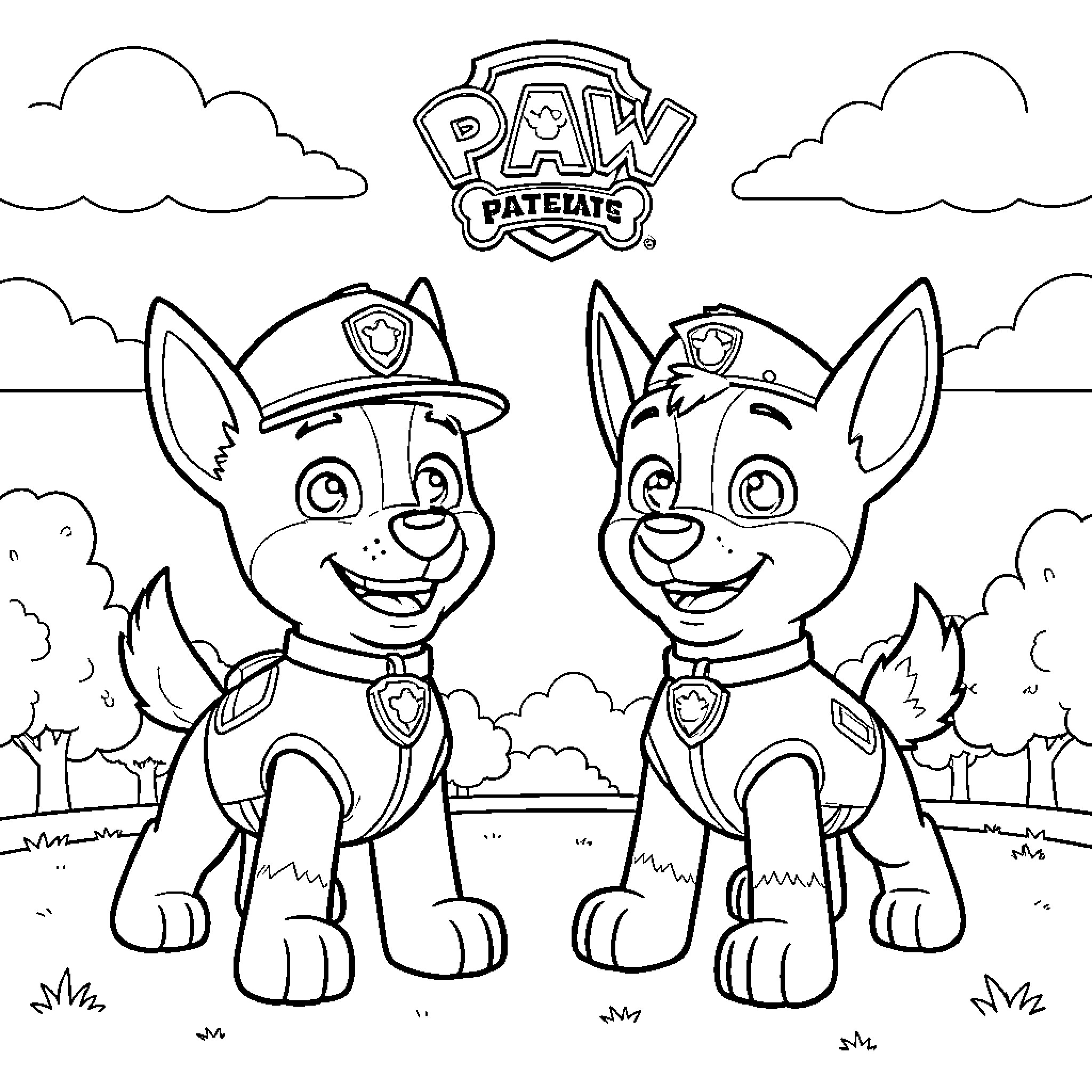 Paw Patrol pups smiling together in a park Coloring Page (free black-and-white line drawing printable PDF for all, from beginners to advanced learners, including children, teens, adults, and seniors)