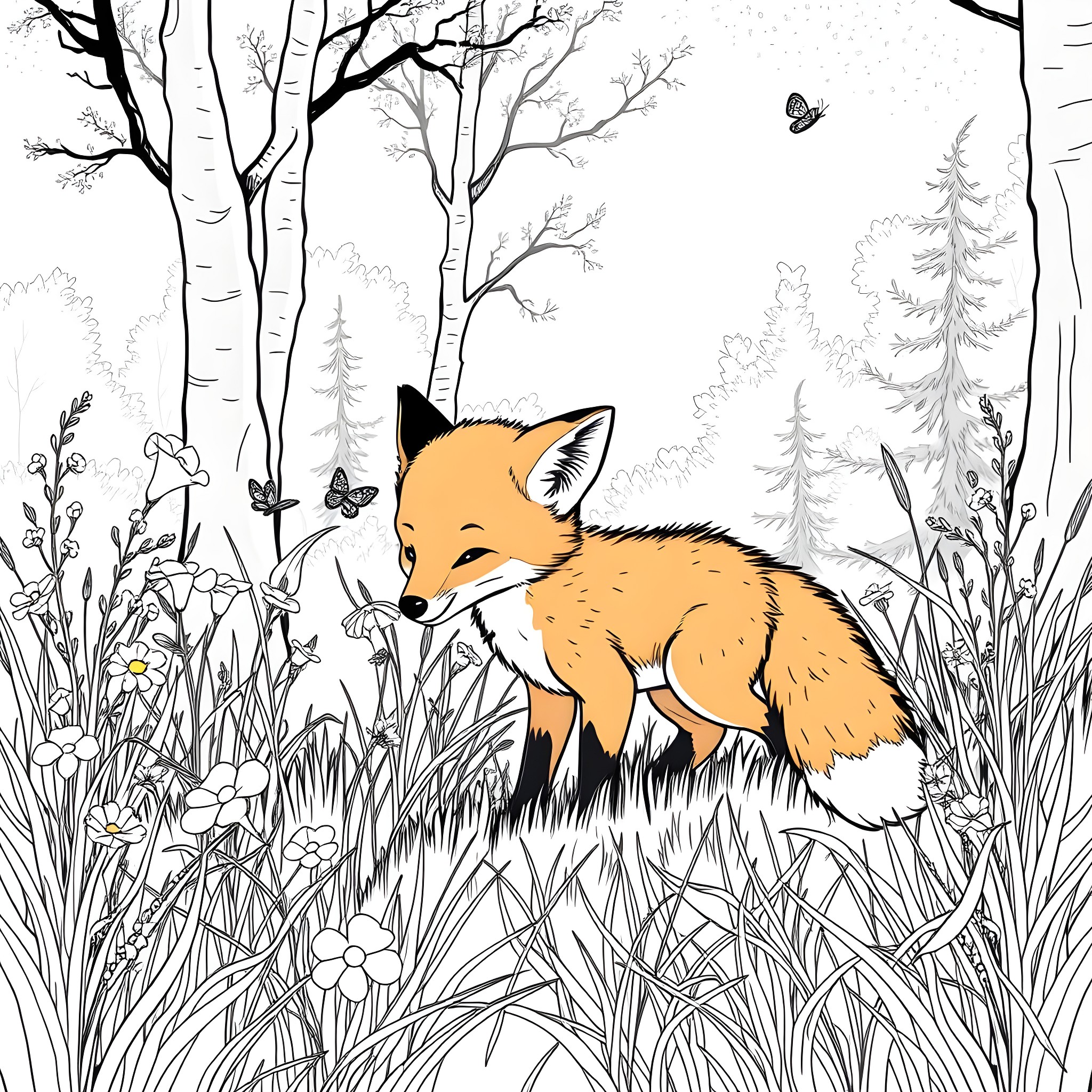 Fox exploring the enchanted forest Coloring Page (free black-and-white line drawing printable PDF for all, from beginners to advanced learners, including children, teens, adults, and seniors)