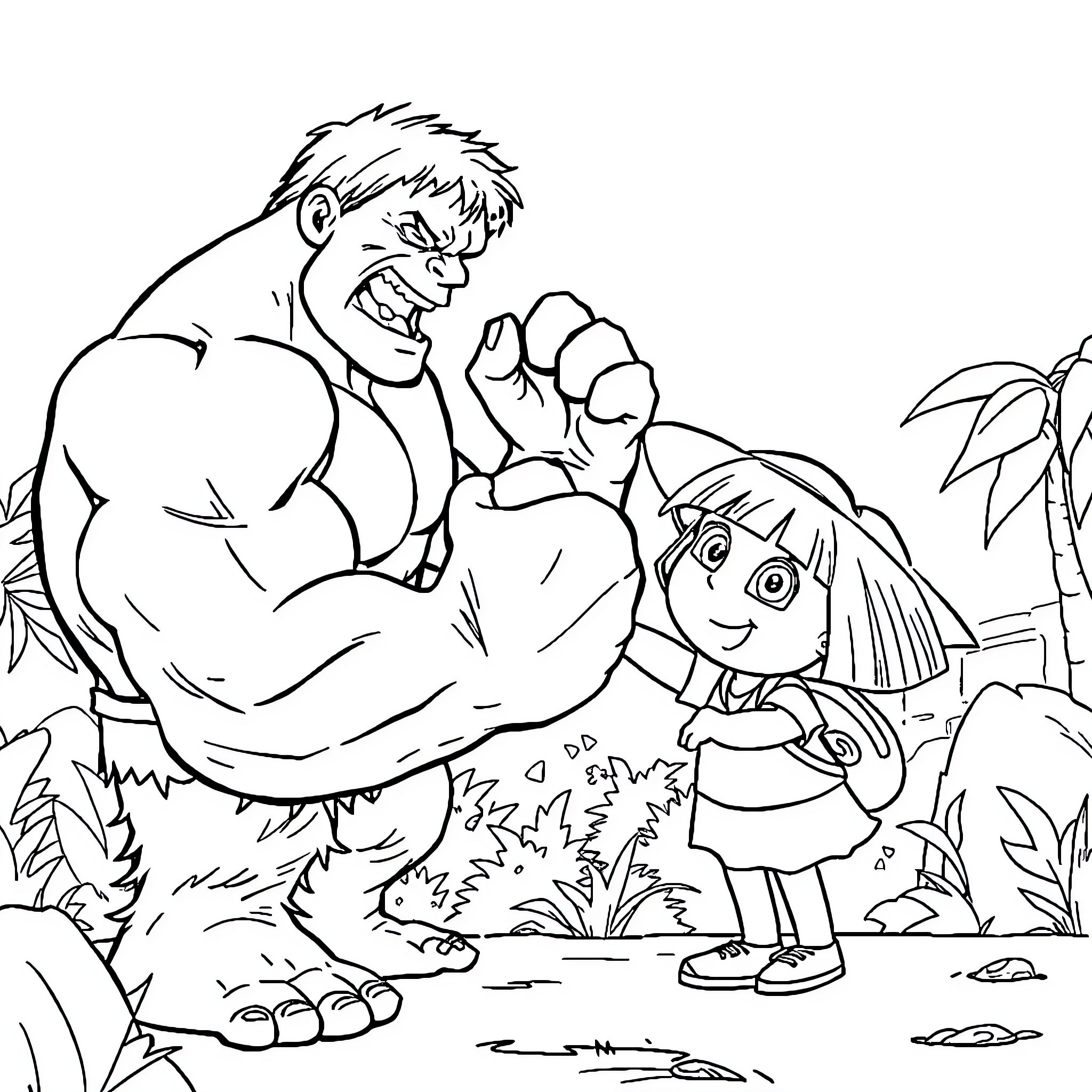 Hulk and Dora the Explorer in the Wilderness Coloring Page (free black-and-white line drawing printable PDF for all, from beginners to advanced learners, including children, teens, adults, and seniors)
