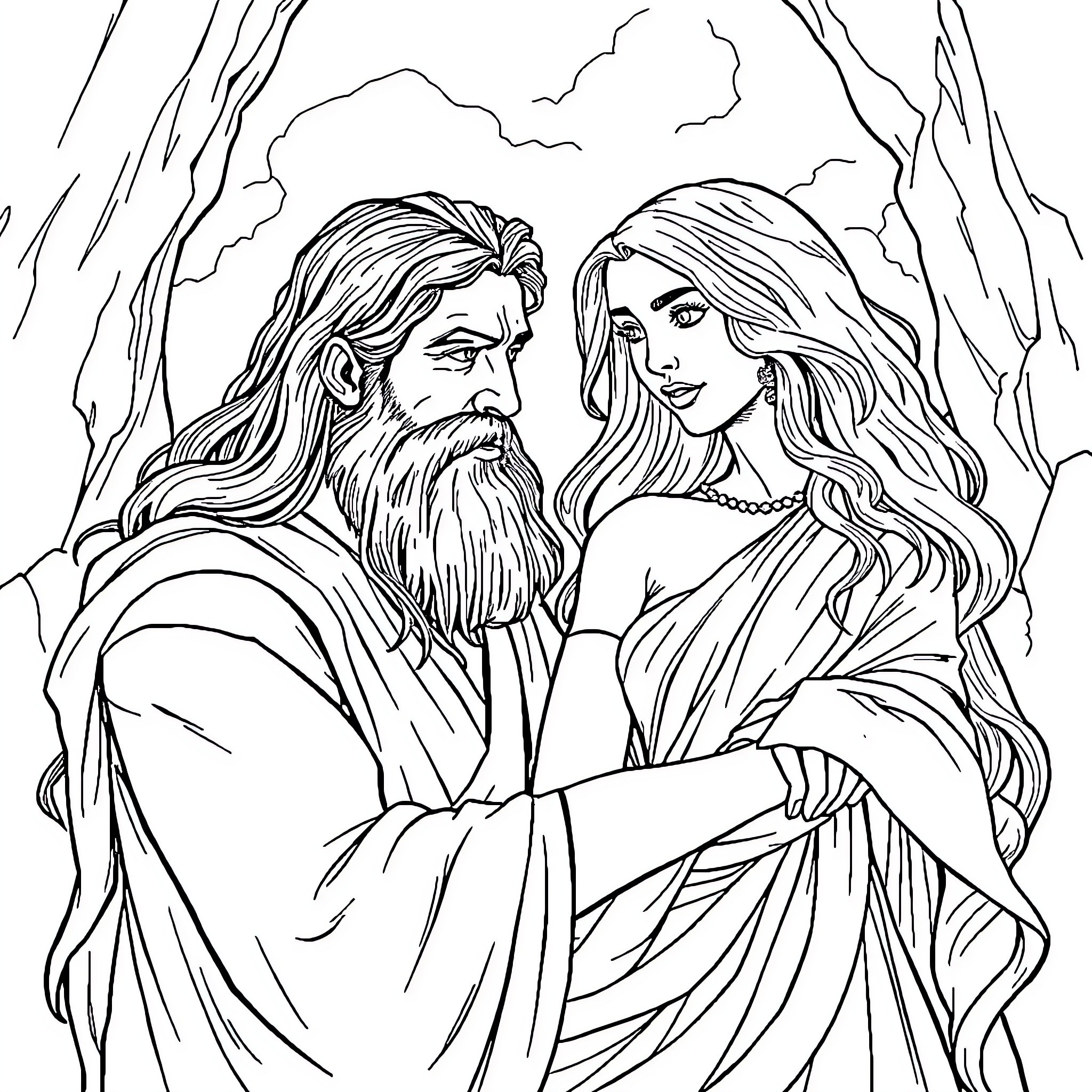 Samson and Delilah in the Mountains Coloring Page (free black-and-white line drawing printable PDF for all, from beginners to advanced learners, including children, teens, adults, and seniors)
