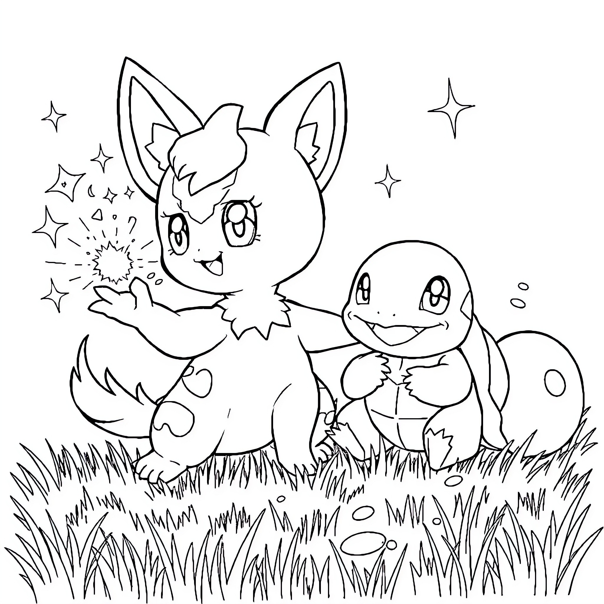 Litten playing happily with a Squirtle in the field Coloring Page (free black-and-white line drawing printable PDF for all, from beginners to advanced learners, including children, teens, adults, and seniors)