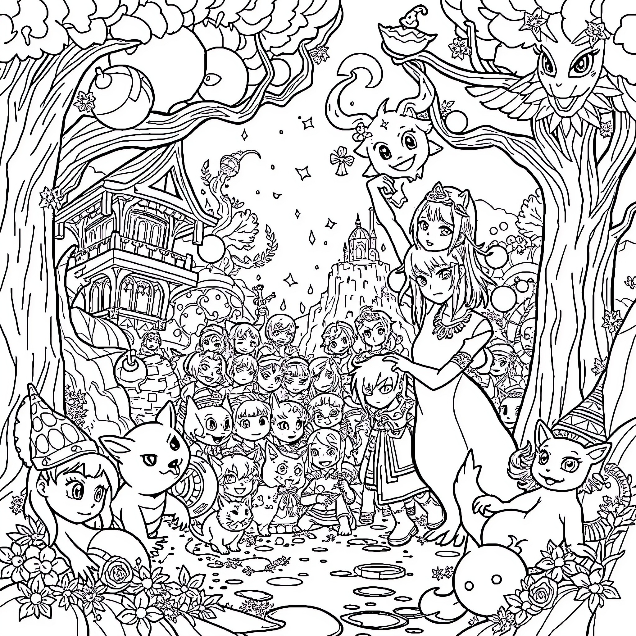 Ragnarok: A Fantastical Gathering of Whimsical Creatures Coloring Page (free black-and-white line drawing printable PDF for all, from beginners to advanced learners, including children, teens, adults, and seniors)