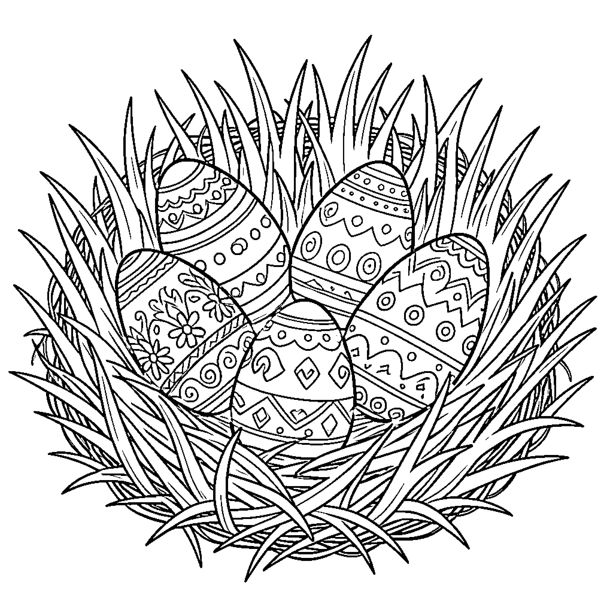 Easter Egg Nest with Patterned Eggs Coloring Page (free black-and-white line drawing printable PDF for all, from beginners to advanced learners, including children, teens, adults, and seniors)