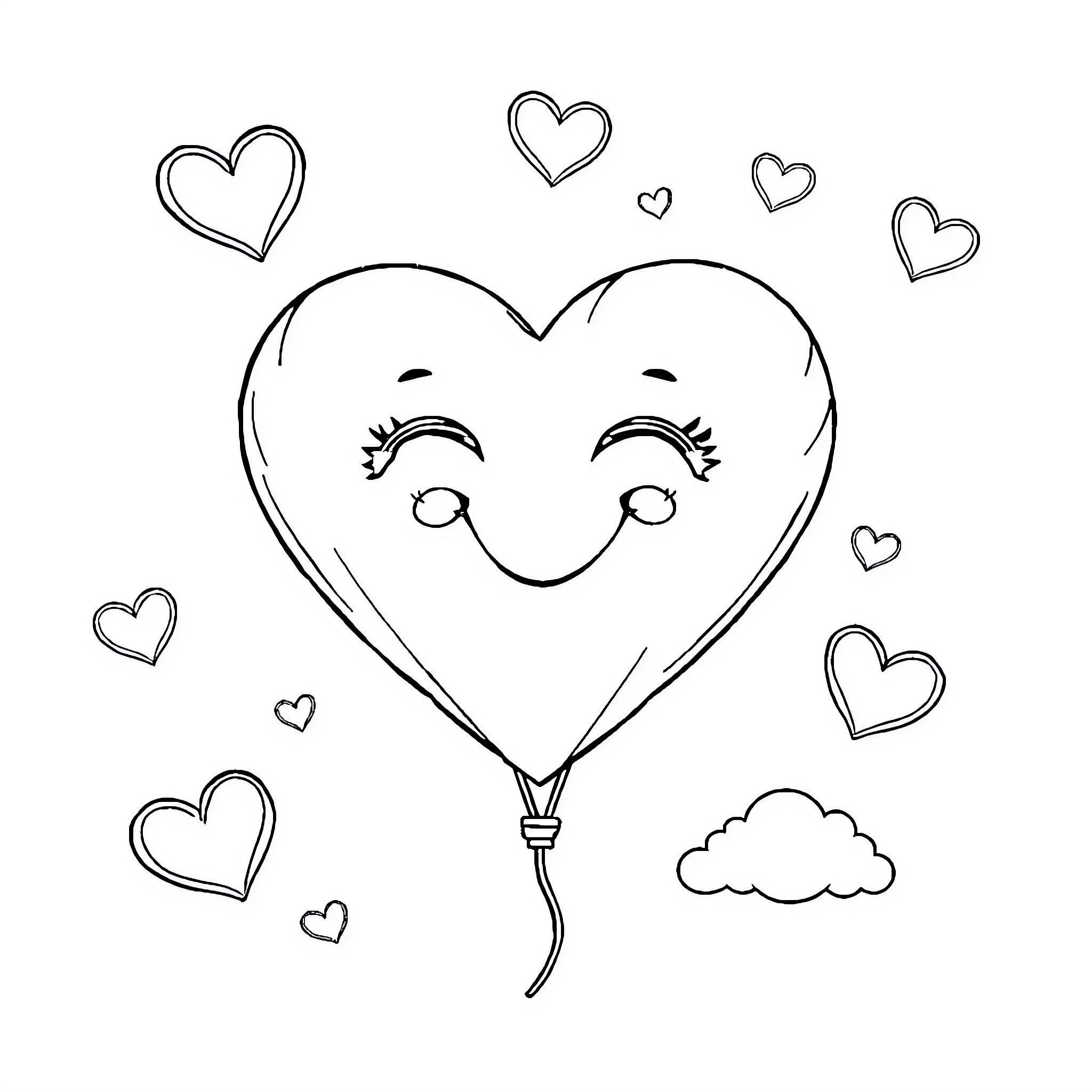 Heart Balloon with Cheerful Expression Coloring Page (free black-and-white line drawing printable PDF for all, from beginners to advanced learners, including children, teens, adults, and seniors)