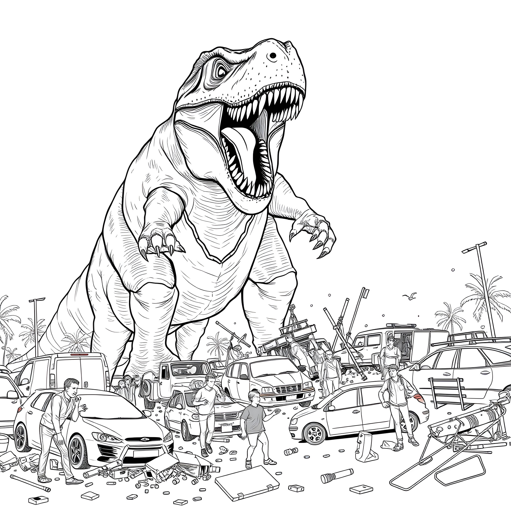 Dinosaur unleashes chaos in city street Coloring Page (free black-and-white line drawing printable PDF for all, from beginners to advanced learners, including children, teens, adults, and seniors)