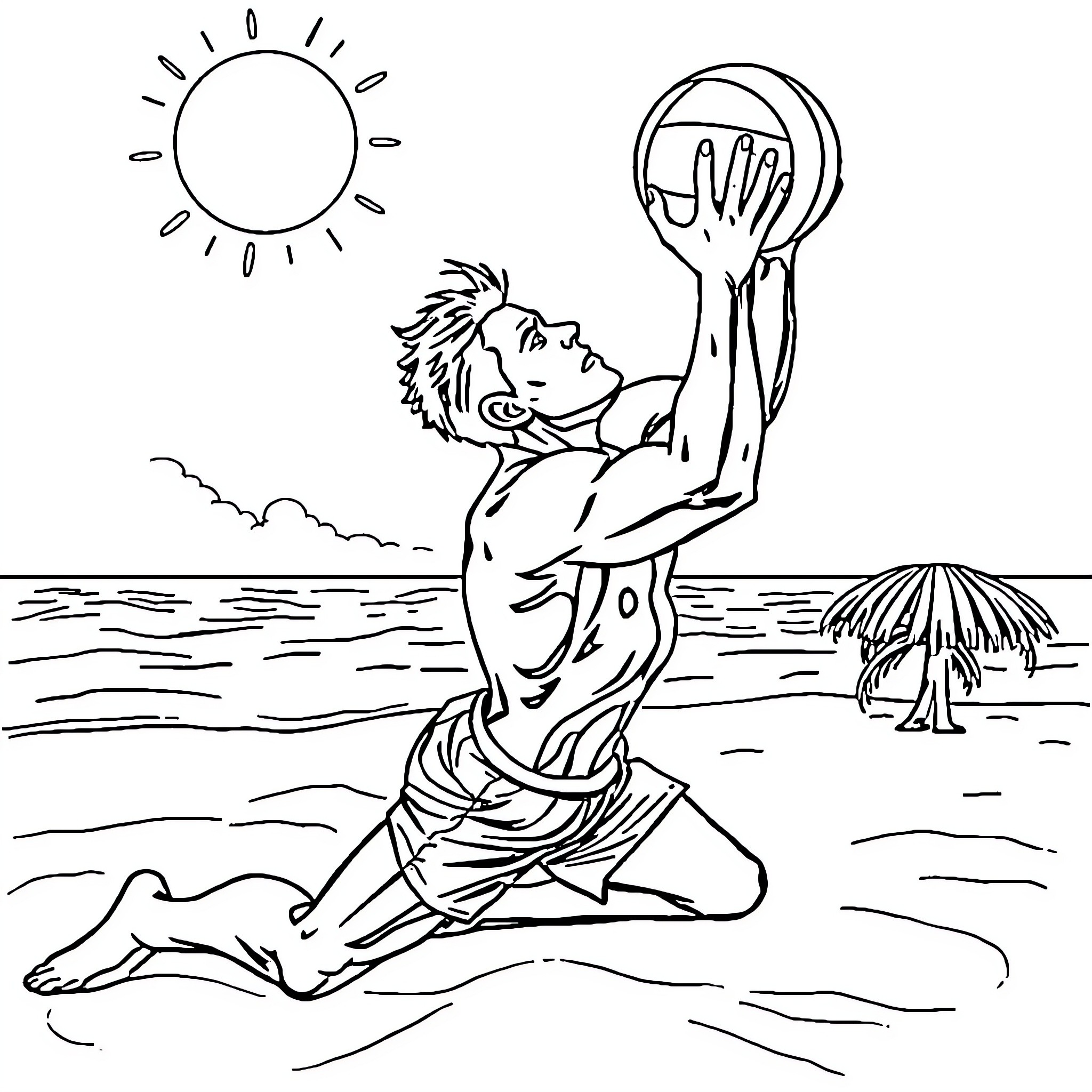 Dude playing joyfully with beach ball in the sun Coloring Page (free black-and-white line drawing printable PDF for all, from beginners to advanced learners, including children, teens, adults, and seniors)