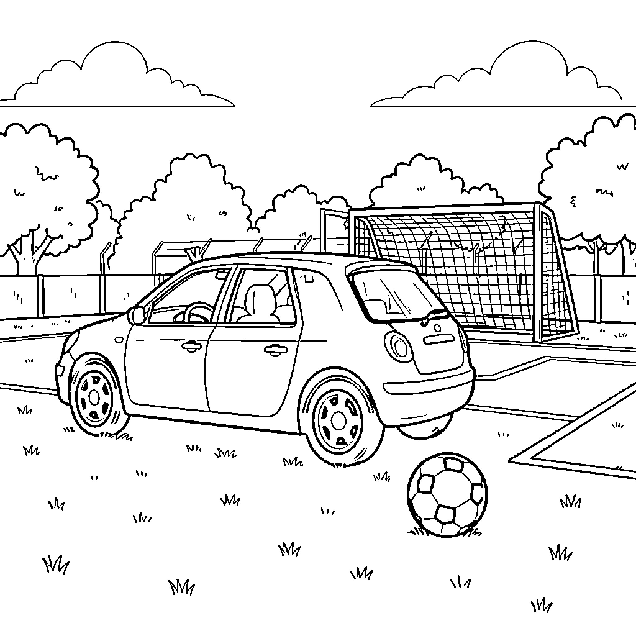Car parked next to a soccer goal and ball Coloring Page (free black-and-white line drawing printable PDF for all, from beginners to advanced learners, including children, teens, adults, and seniors)