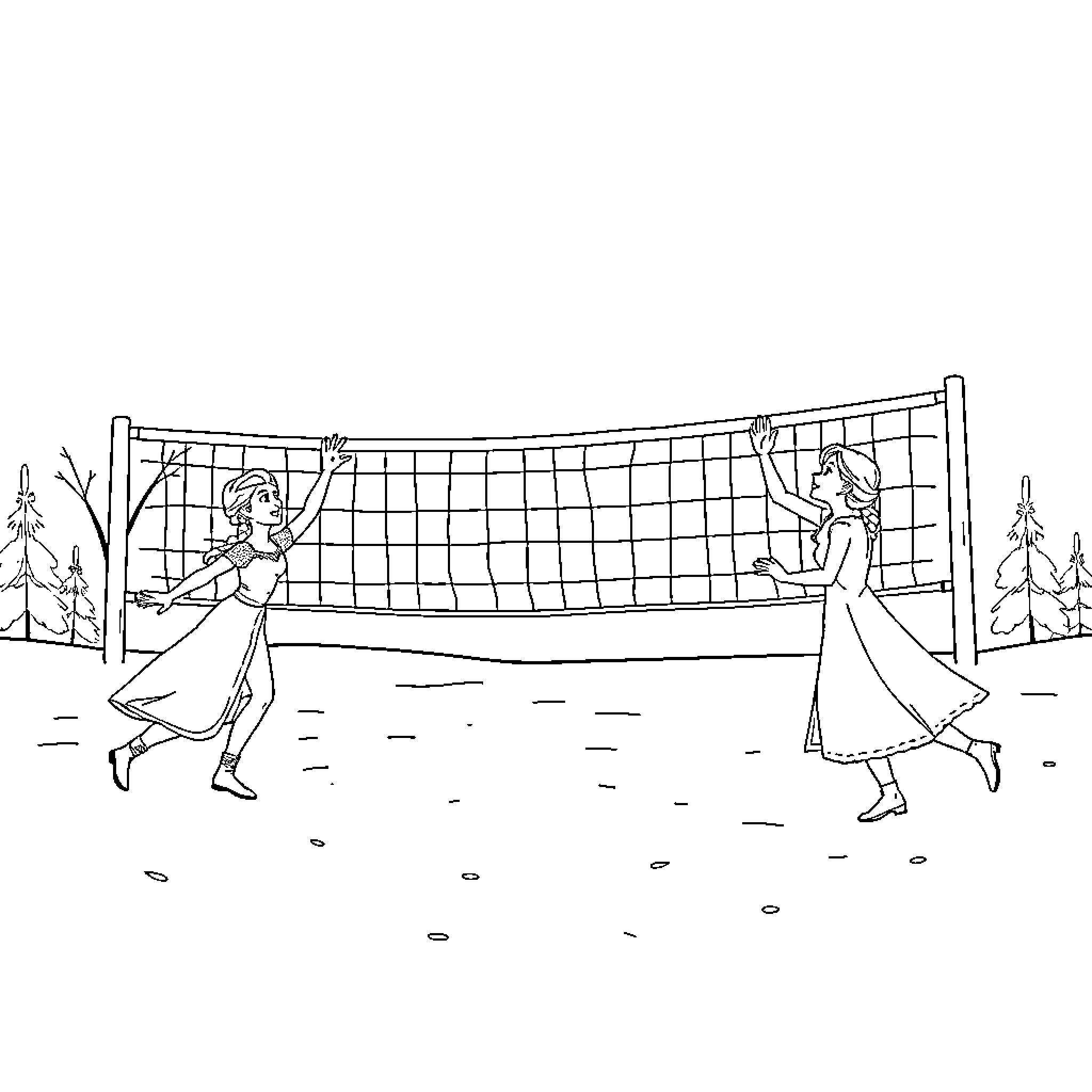 Frozen figures playing volleyball outdoors Coloring Page (free black-and-white line drawing printable PDF for all, from beginners to advanced learners, including children, teens, adults, and seniors)