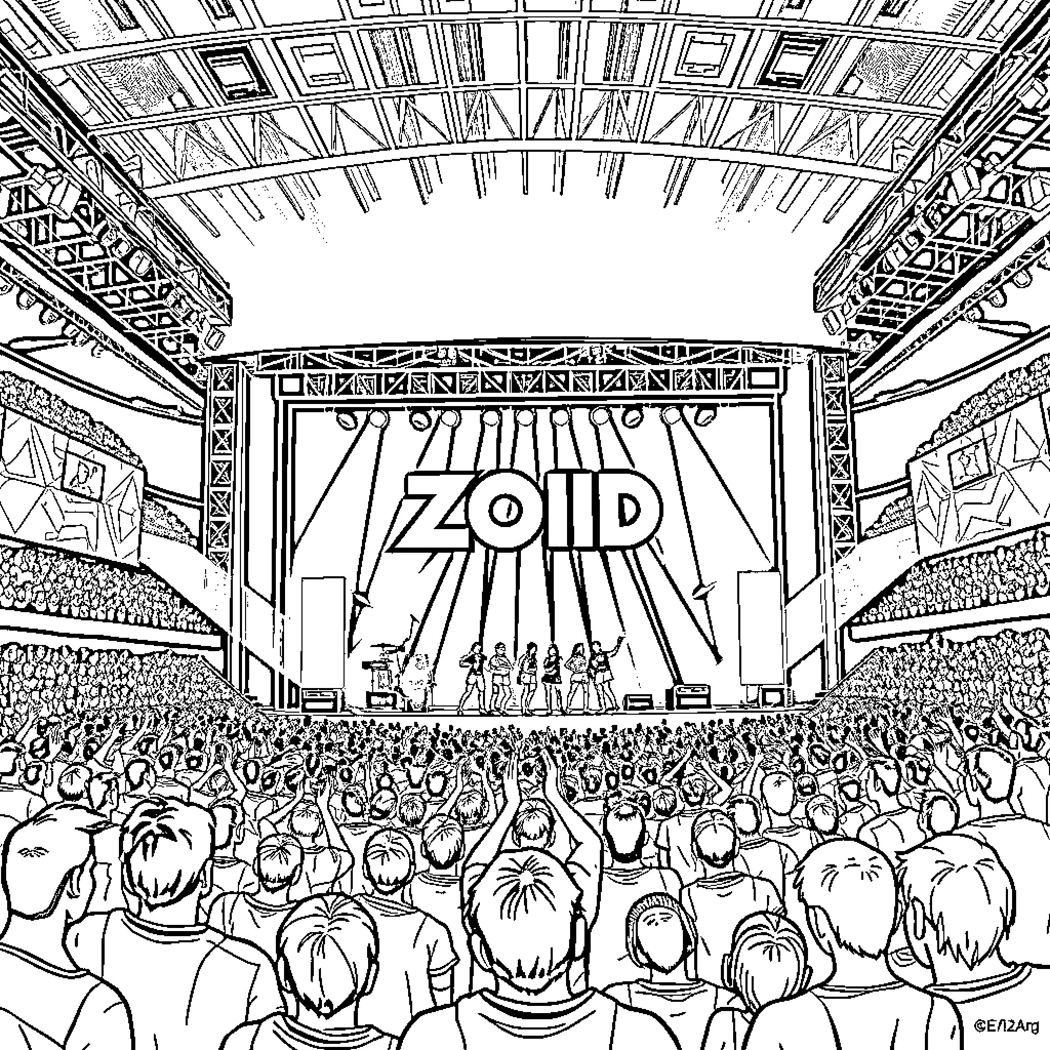 Podter: Crowd cheers at Zoid concert in stadium Coloring Page (free black-and-white line drawing printable PDF for all, from beginners to advanced learners, including children, teens, adults, and seniors)