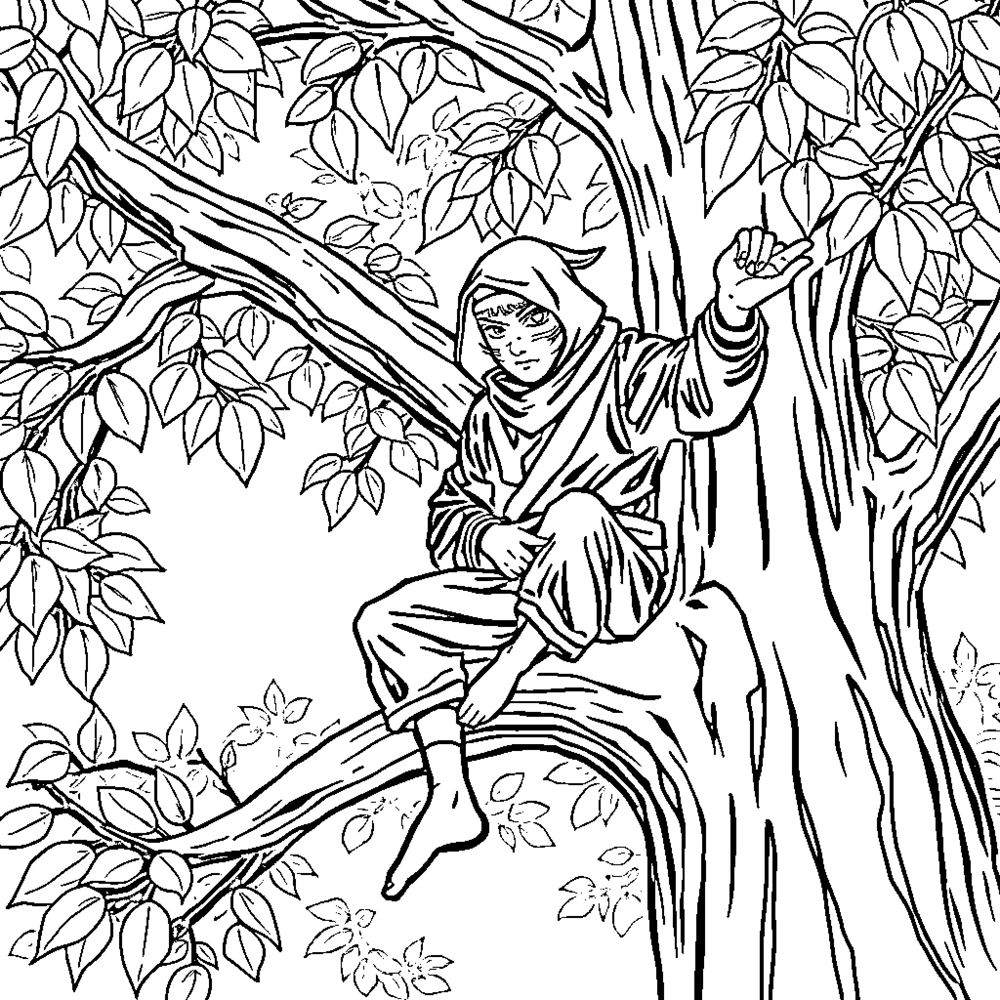 Ninja in a Peaceful Forest Sanctuary Coloring Page (free black-and-white line drawing printable PDF for all, from beginners to advanced learners, including children, teens, adults, and seniors)