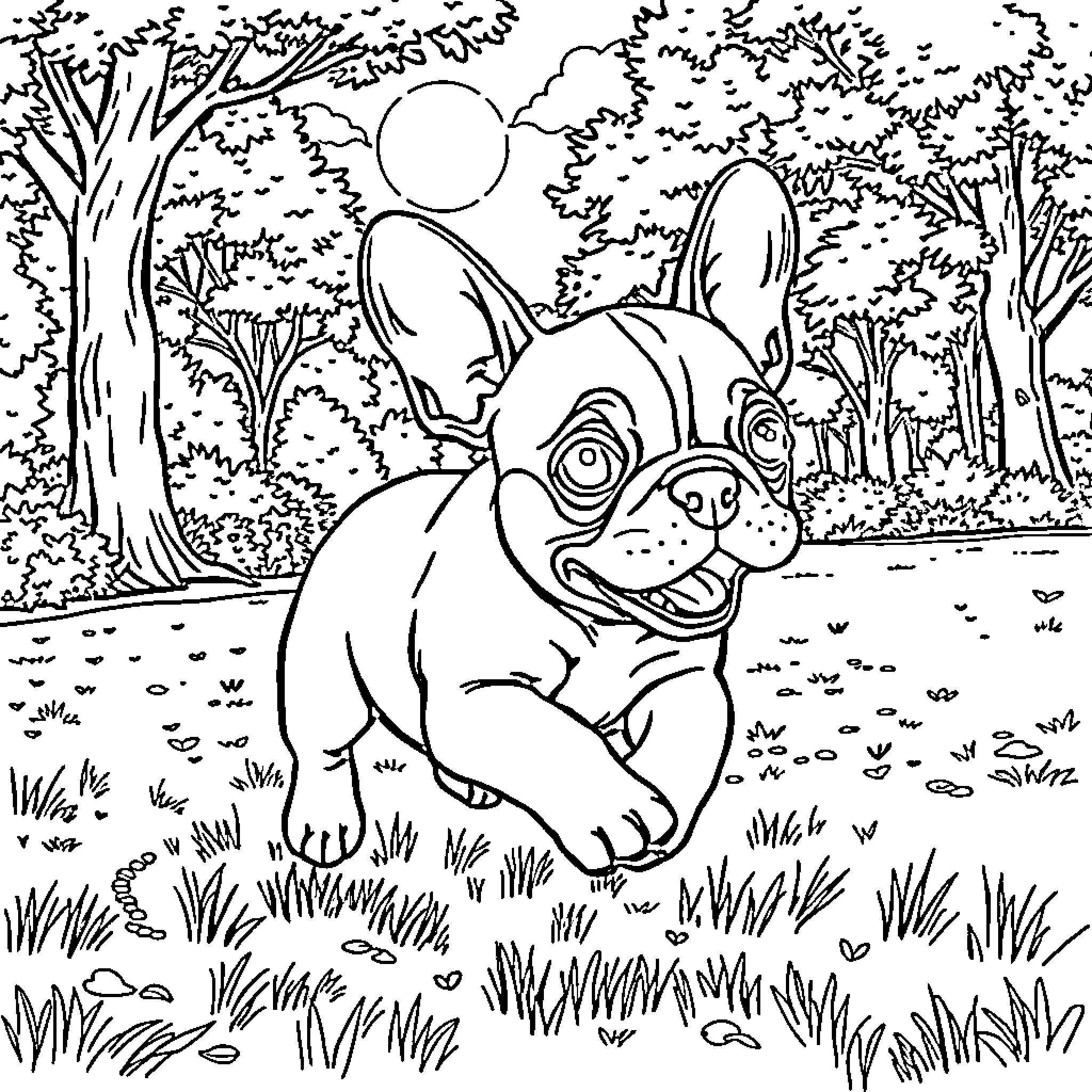 French Bulldog Playing in the Forest Landscape Coloring Page (free black-and-white line drawing printable PDF for all, from beginners to advanced learners, including children, teens, adults, and seniors)