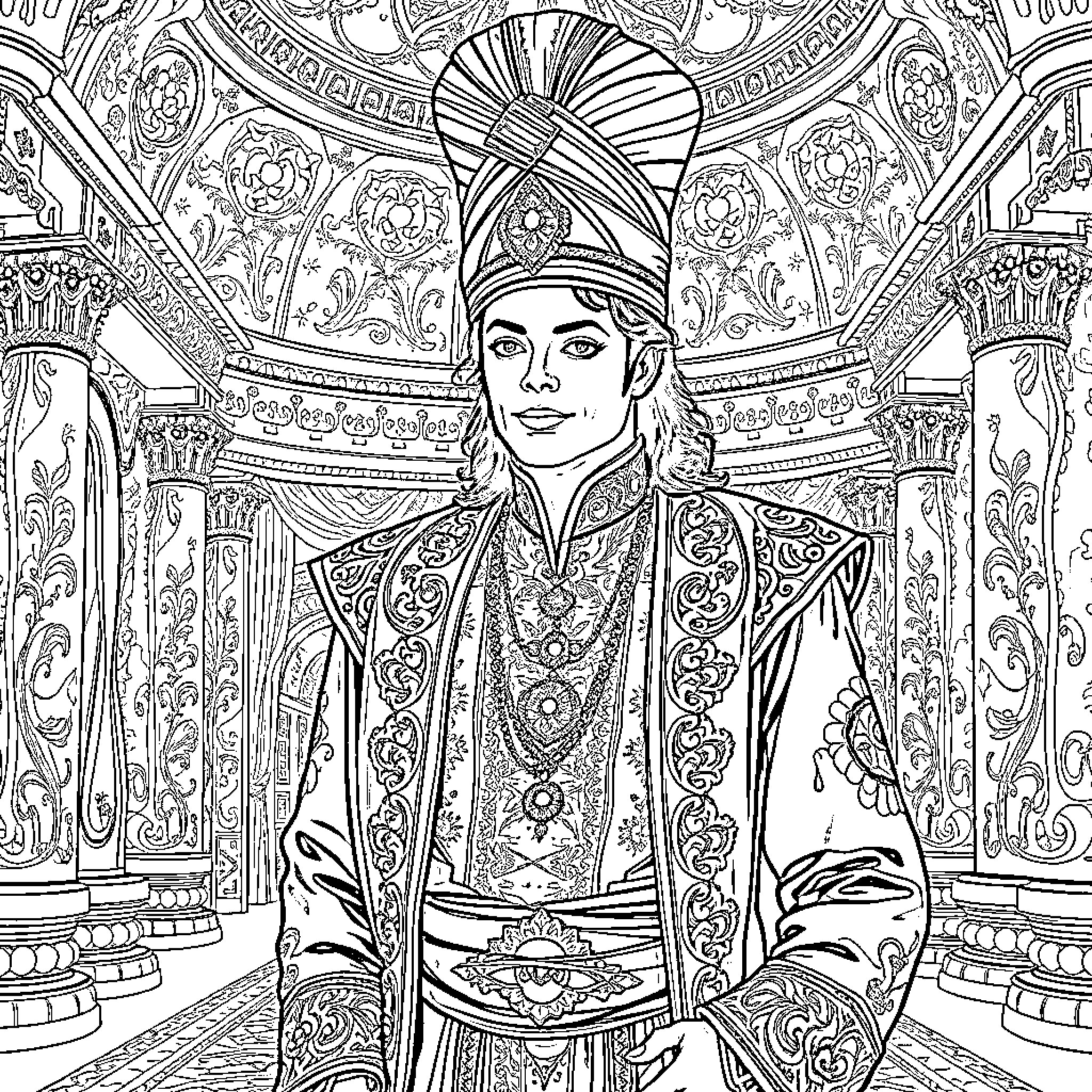 Michael Jackson's Majestic Attire and Regal Pose Coloring Page (free black-and-white line drawing printable PDF for all, from beginners to advanced learners, including children, teens, adults, and seniors)
