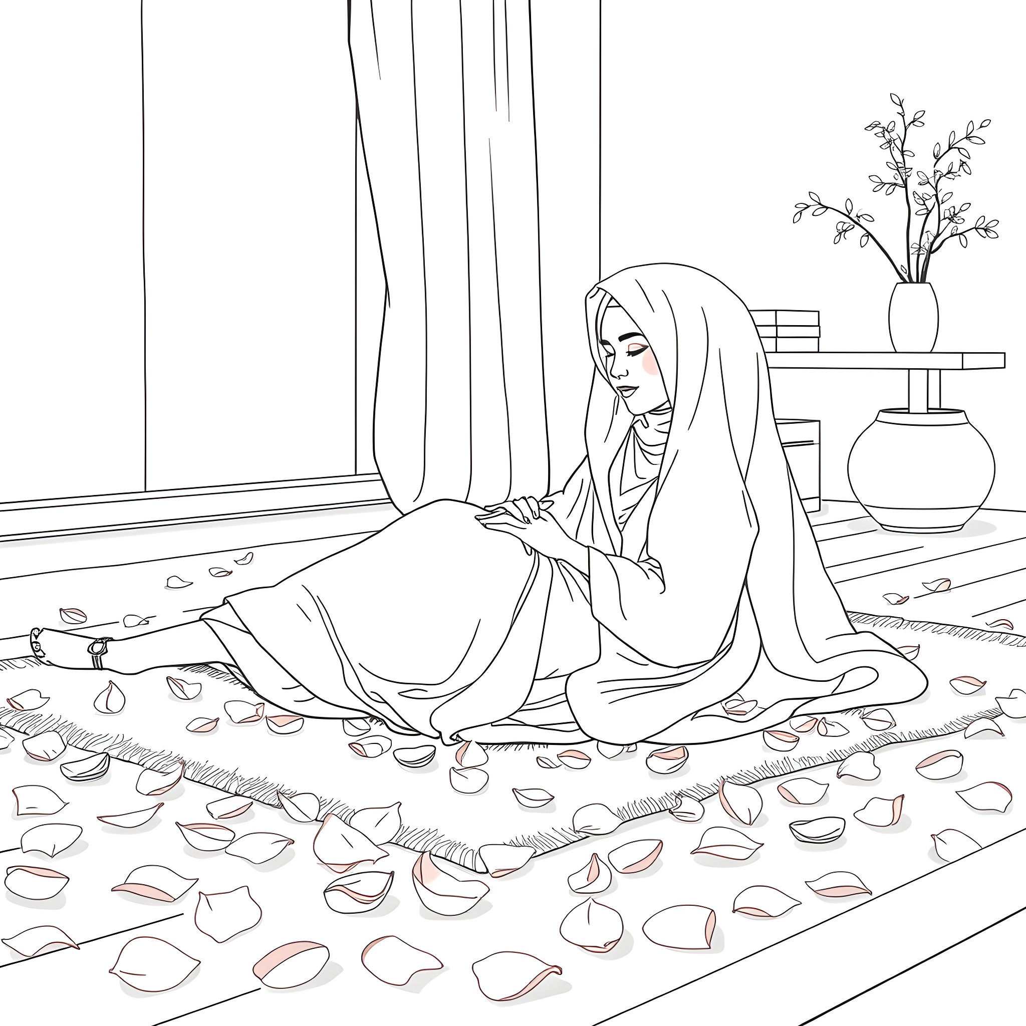 Nahida in contemplative solitude Coloring Page (free black-and-white line drawing printable PDF for all, from beginners to advanced learners, including children, teens, adults, and seniors)