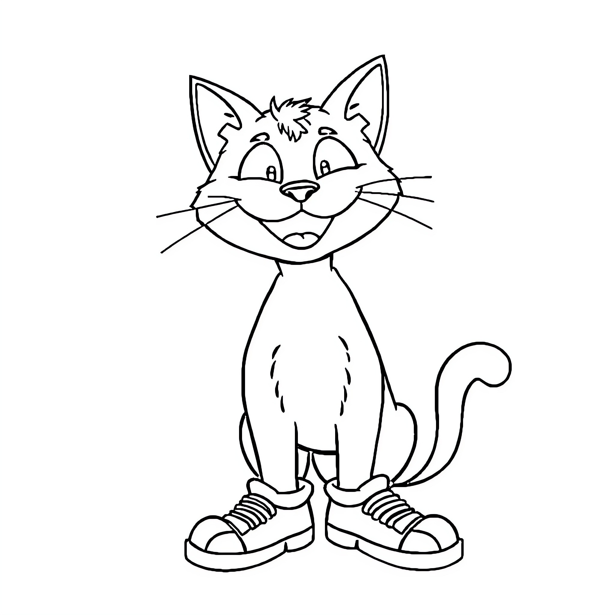 Pete the Cat Wearing Sneakers and Smiling Coloring Page (free black-and-white line drawing printable PDF for all, from beginners to advanced learners, including children, teens, adults, and seniors)