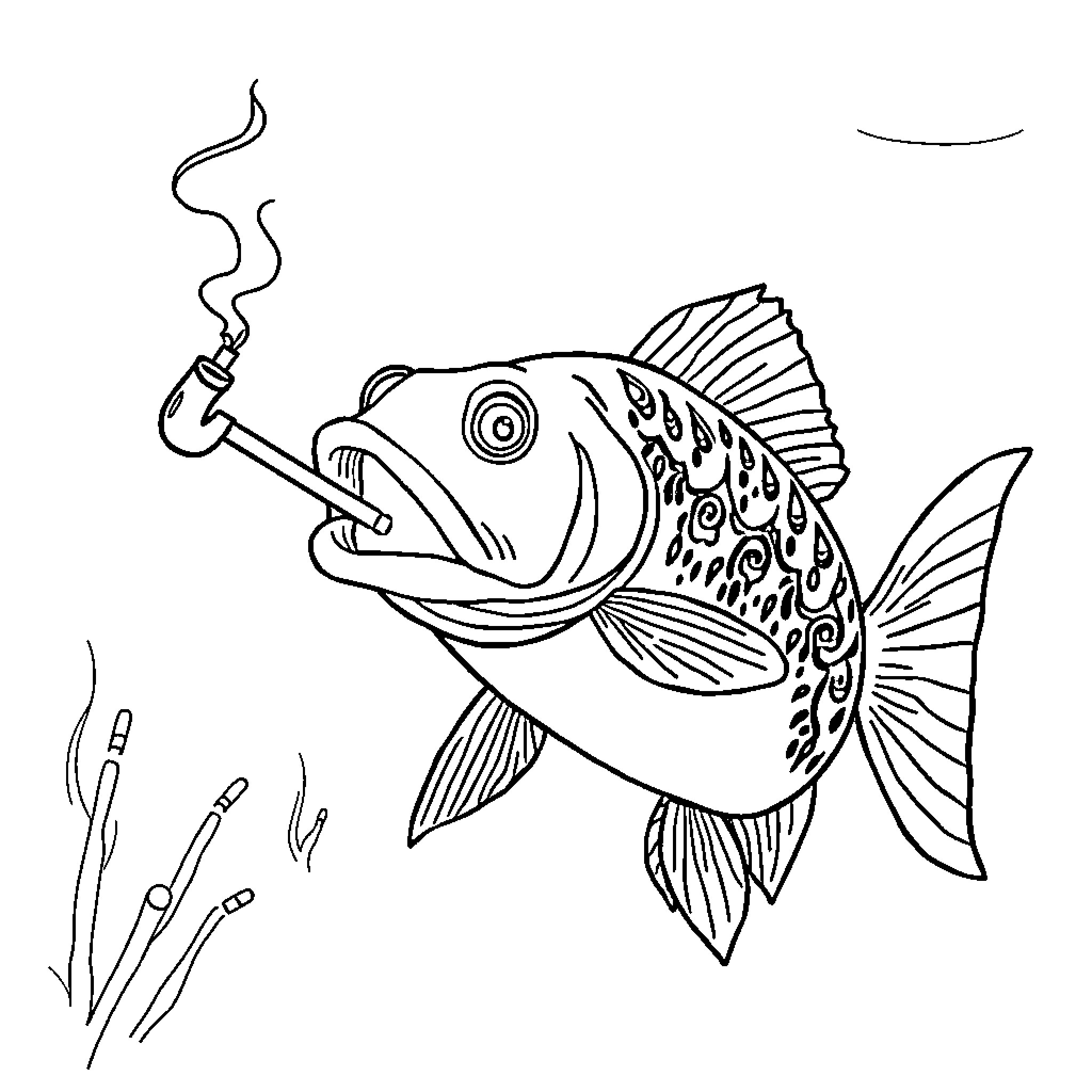 Catfish smoking a pipe in the aquatic scene Coloring Page (free black-and-white line drawing printable PDF for all, from beginners to advanced learners, including children, teens, adults, and seniors)