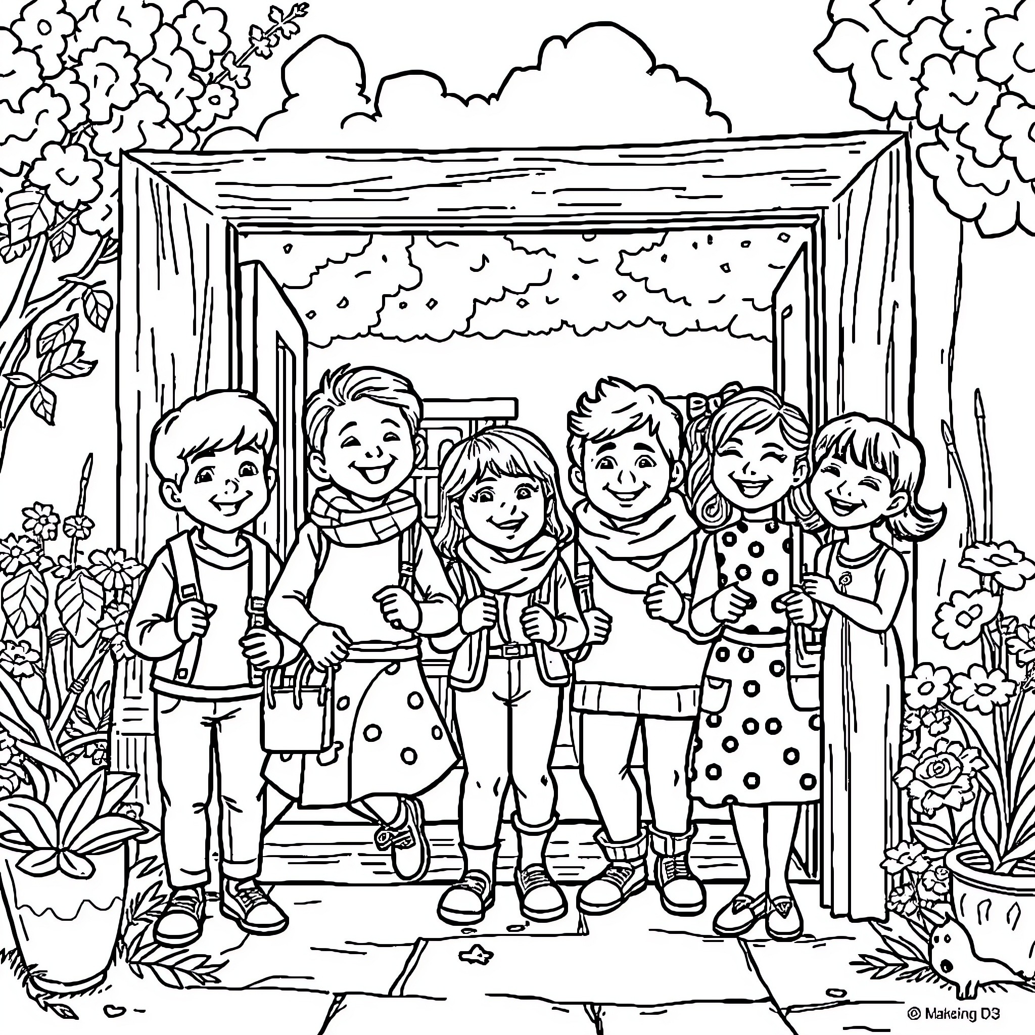 Painting of Children Playing Together in a Scenic Outdoor Setting Coloring Page (free black-and-white line drawing printable PDF for all, from beginners to advanced learners, including children, teens, adults, and seniors)