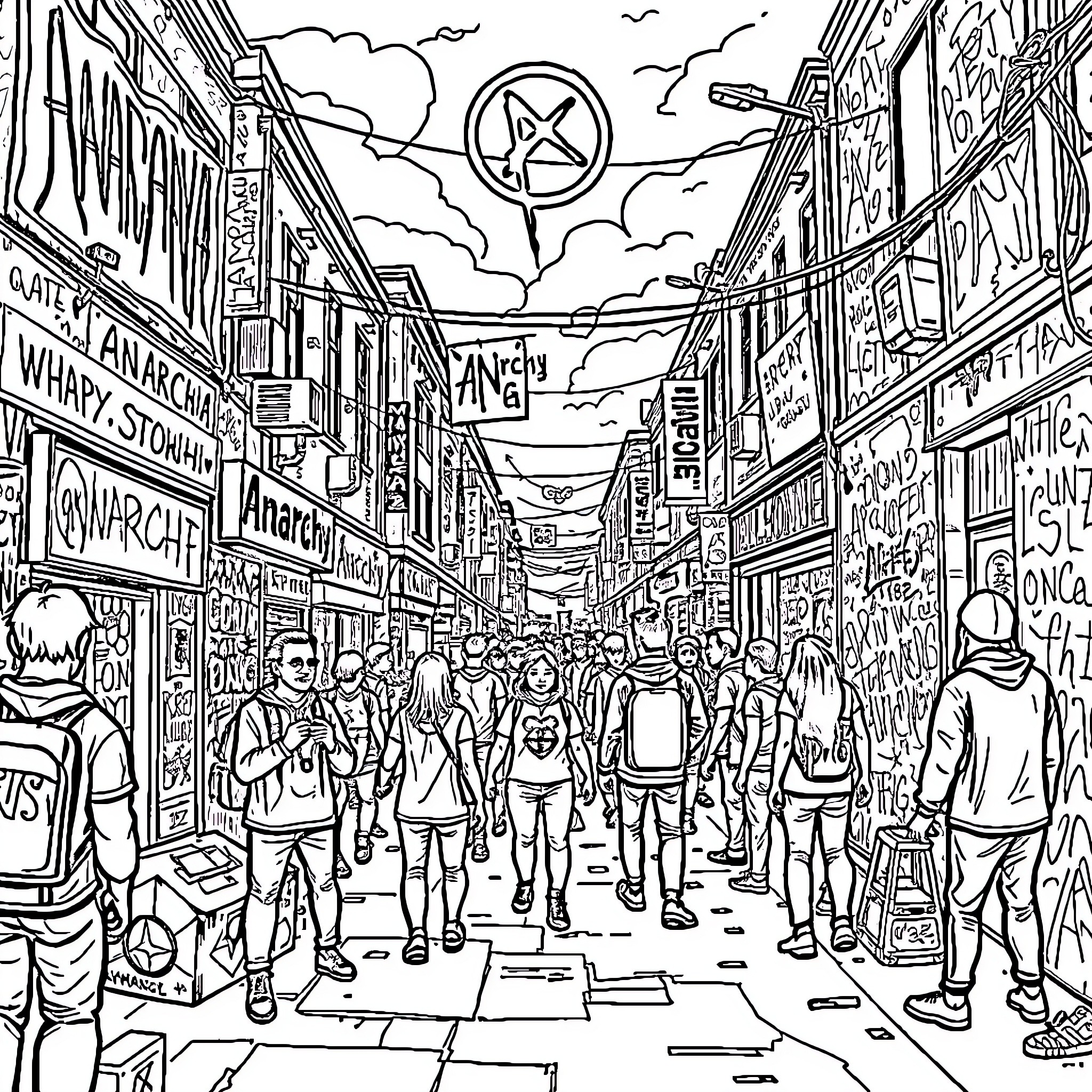 Anarchy in the Crowded City Streets Coloring Page (free black-and-white line drawing printable PDF for all, from beginners to advanced learners, including children, teens, adults, and seniors)