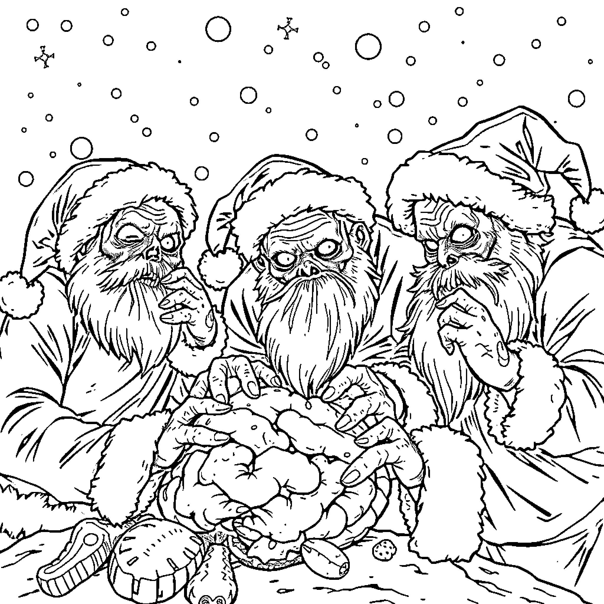 Zombie Santas in snowy winter wonderland Coloring Page (free black-and-white line drawing printable PDF for all, from beginners to advanced learners, including children, teens, adults, and seniors)