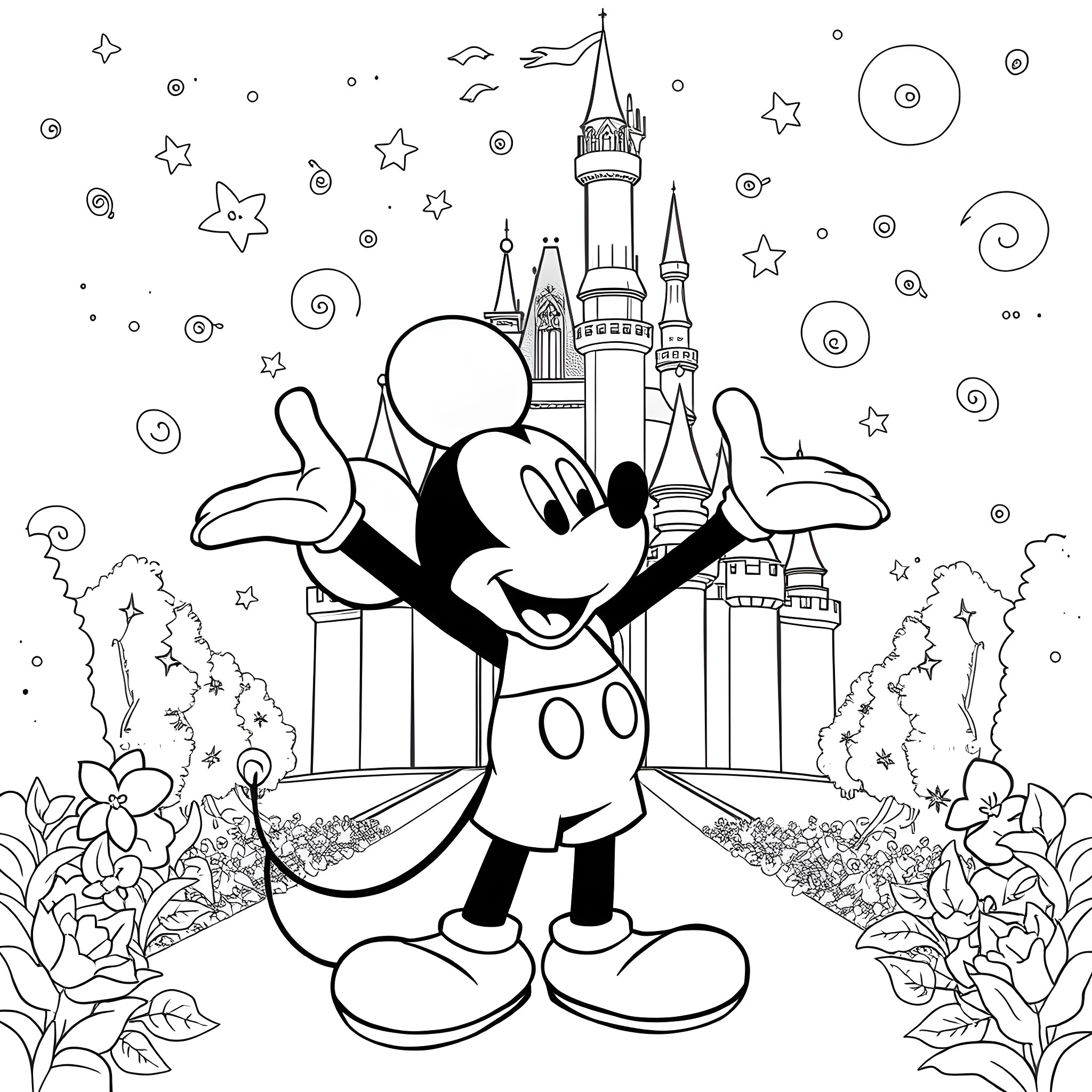 Mickey Mouse enjoying the magical Disney castle scene Coloring Page (free black-and-white line drawing printable PDF for all, from beginners to advanced learners, including children, teens, adults, and seniors)
