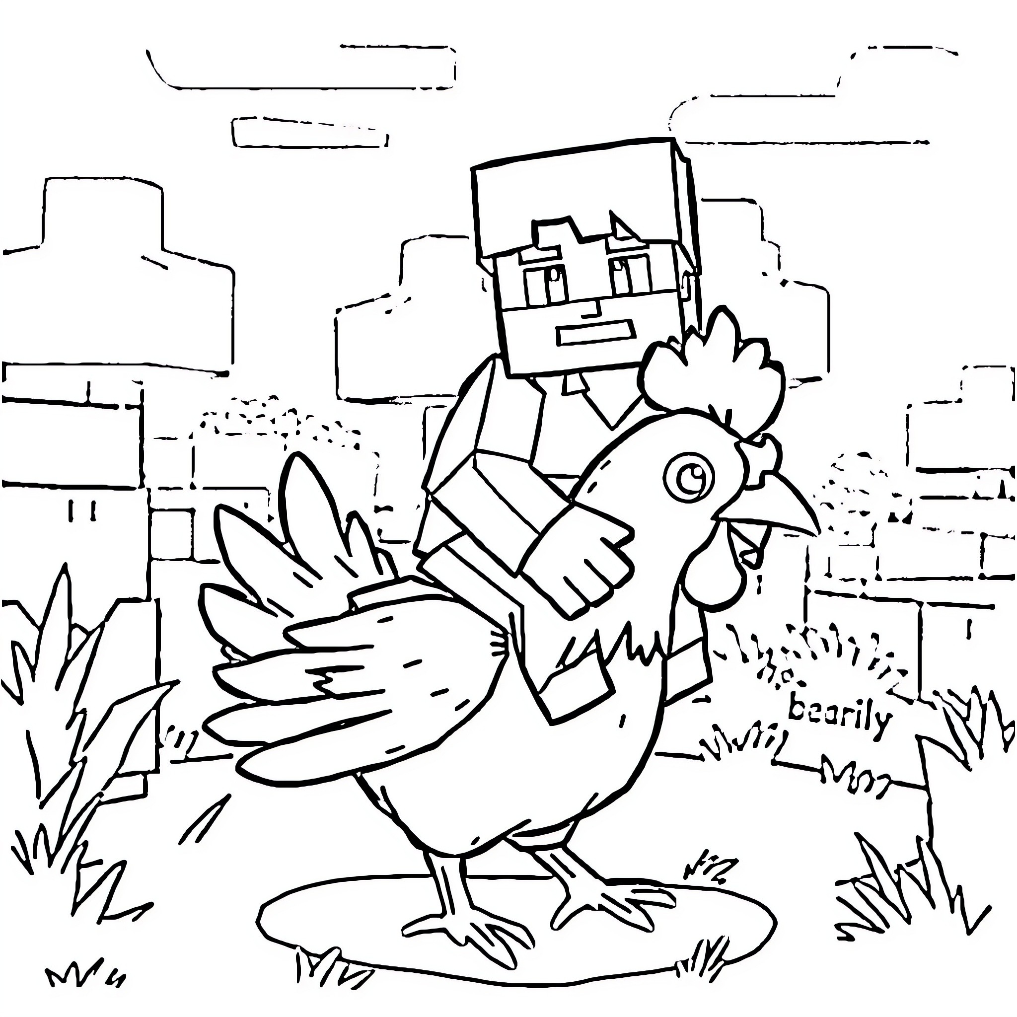 Minecraft Steve encounters a chicken in the village Coloring Page (free black-and-white line drawing printable PDF for all, from beginners to advanced learners, including children, teens, adults, and seniors)
