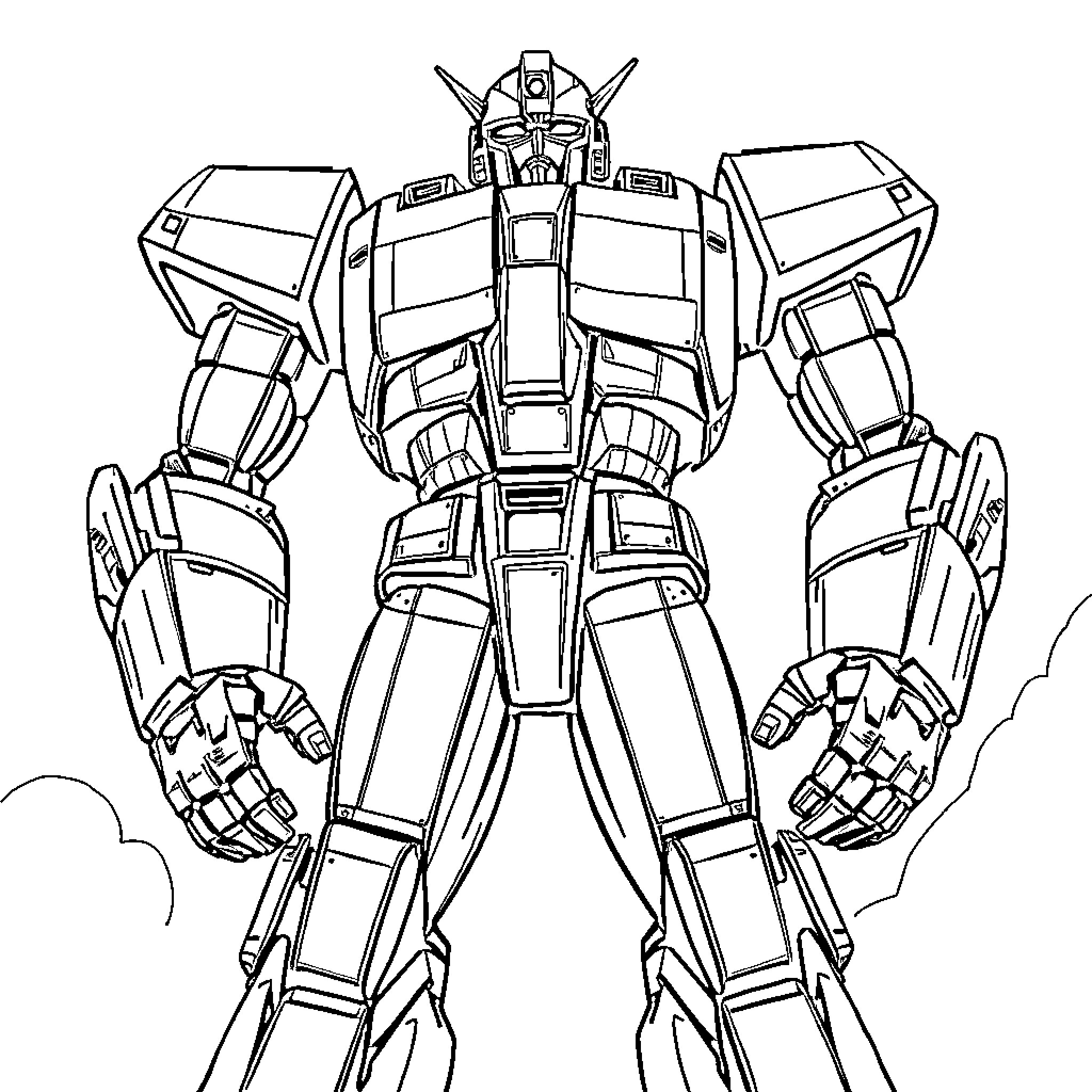 Robot Mech Warrior in Battle Stance Coloring Page (free black-and-white line drawing printable PDF for all, from beginners to advanced learners, including children, teens, adults, and seniors)