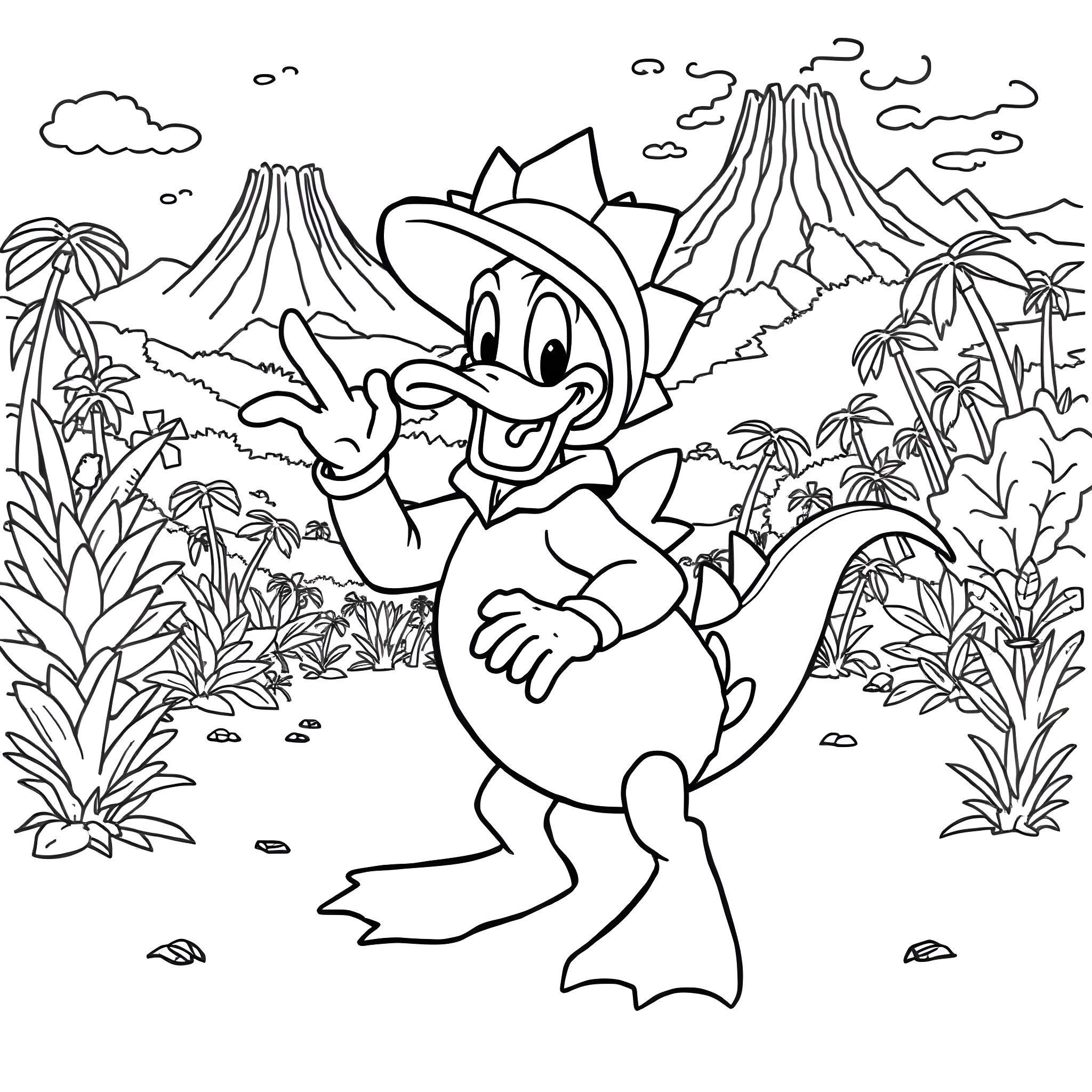 Donald Duck exploring the tropical landscape Coloring Page (free black-and-white line drawing printable PDF for all, from beginners to advanced learners, including children, teens, adults, and seniors)