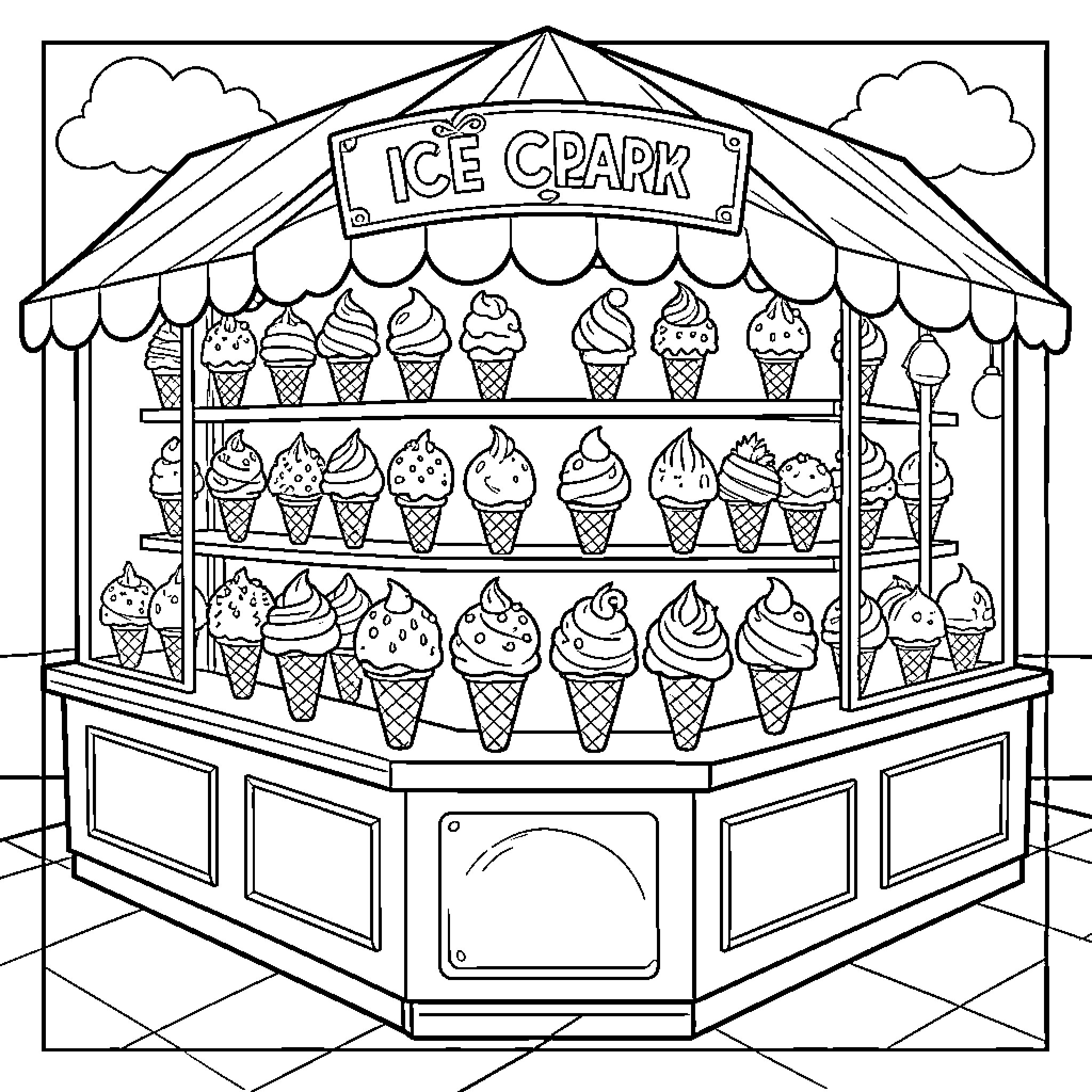 Ice Cream Stand Selling Delightful Frozen Treats Coloring Page (free black-and-white line drawing printable PDF for all, from beginners to advanced learners, including children, teens, adults, and seniors)