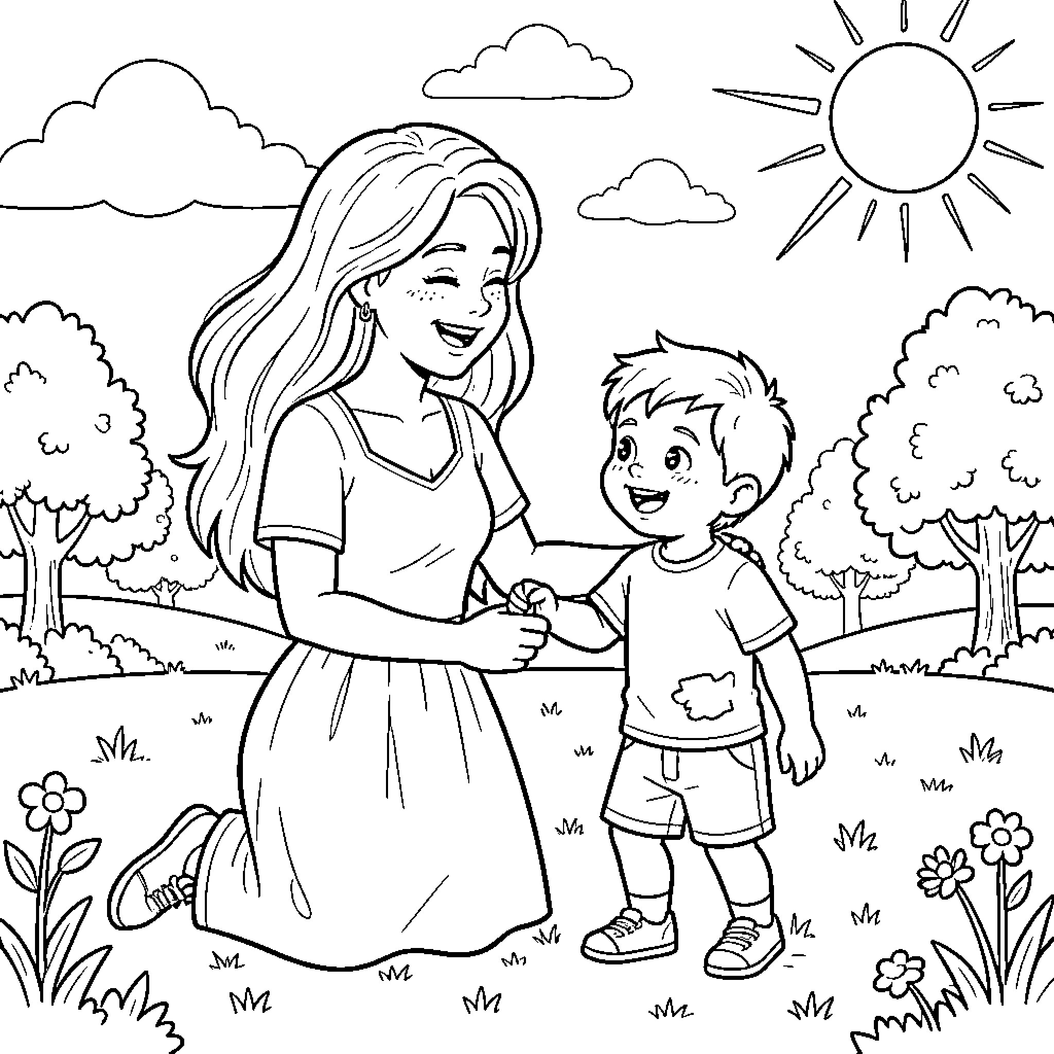 Mom smiling and holding hands with her young son Coloring Page (free black-and-white line drawing printable PDF for all, from beginners to advanced learners, including children, teens, adults, and seniors)