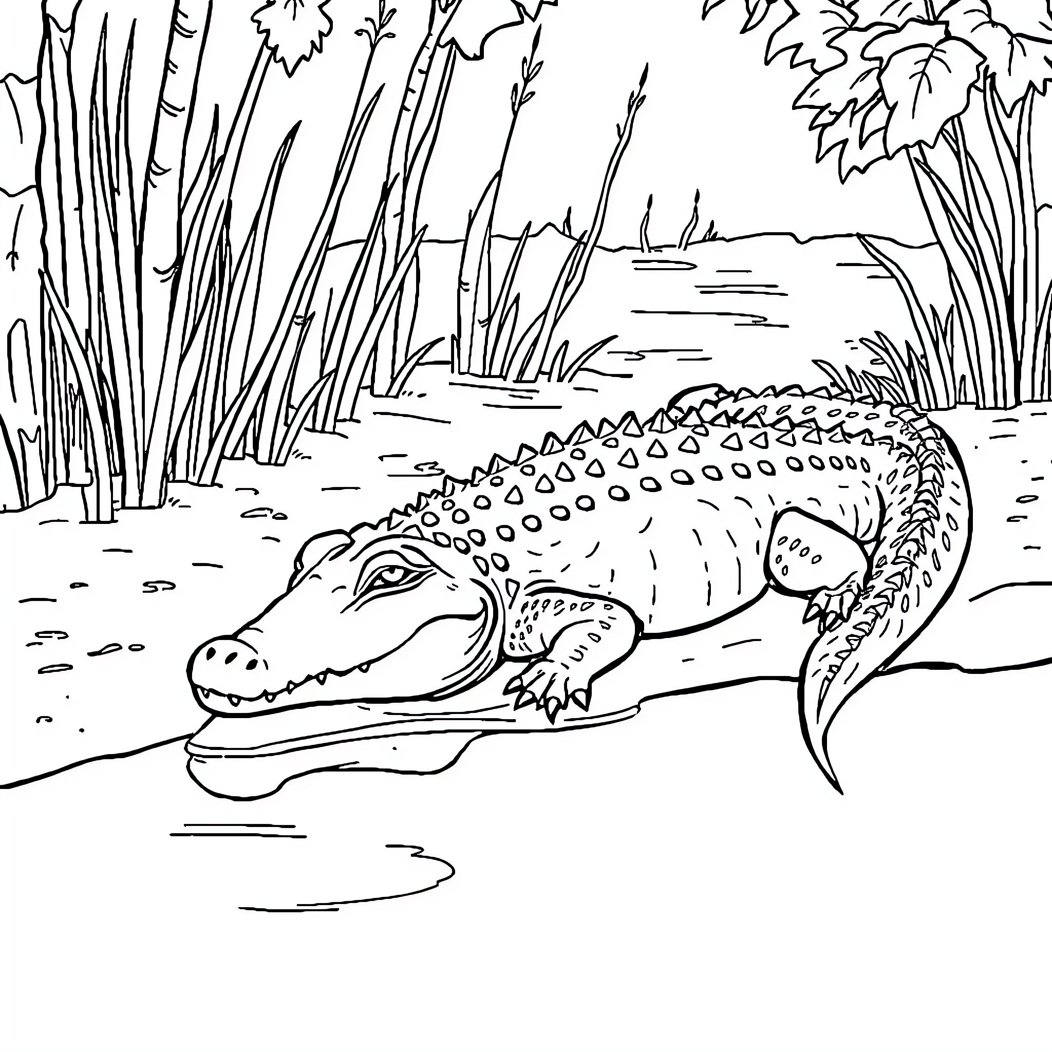 Crocodile resting in the swampy environment Coloring Page (free black-and-white line drawing printable PDF for all, from beginners to advanced learners, including children, teens, adults, and seniors)