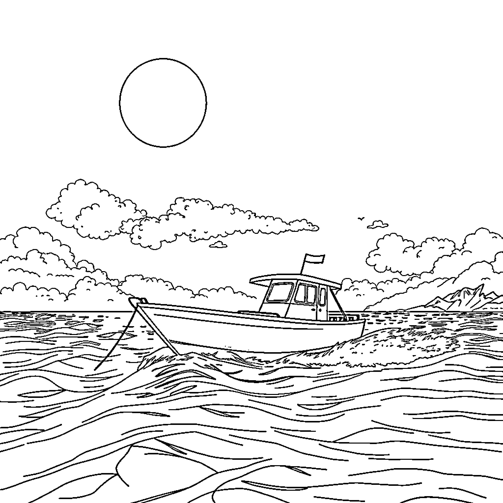 Boat sailing on the calm waters Coloring Page (free black-and-white line drawing printable PDF for all, from beginners to advanced learners, including children, teens, adults, and seniors)