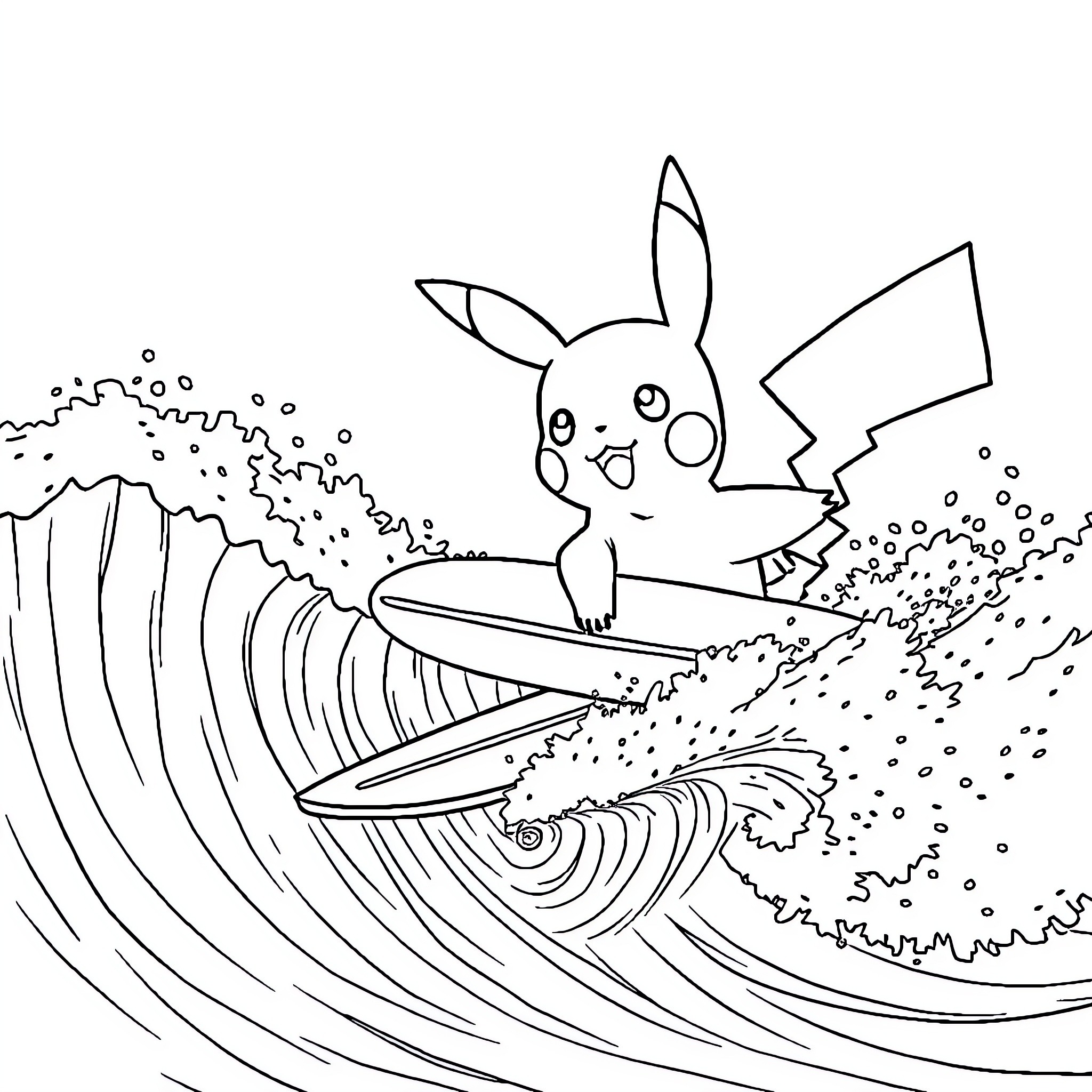 Pikachu surfing on a giant wave Coloring Page (free black-and-white line drawing printable PDF for all, from beginners to advanced learners, including children, teens, adults, and seniors)