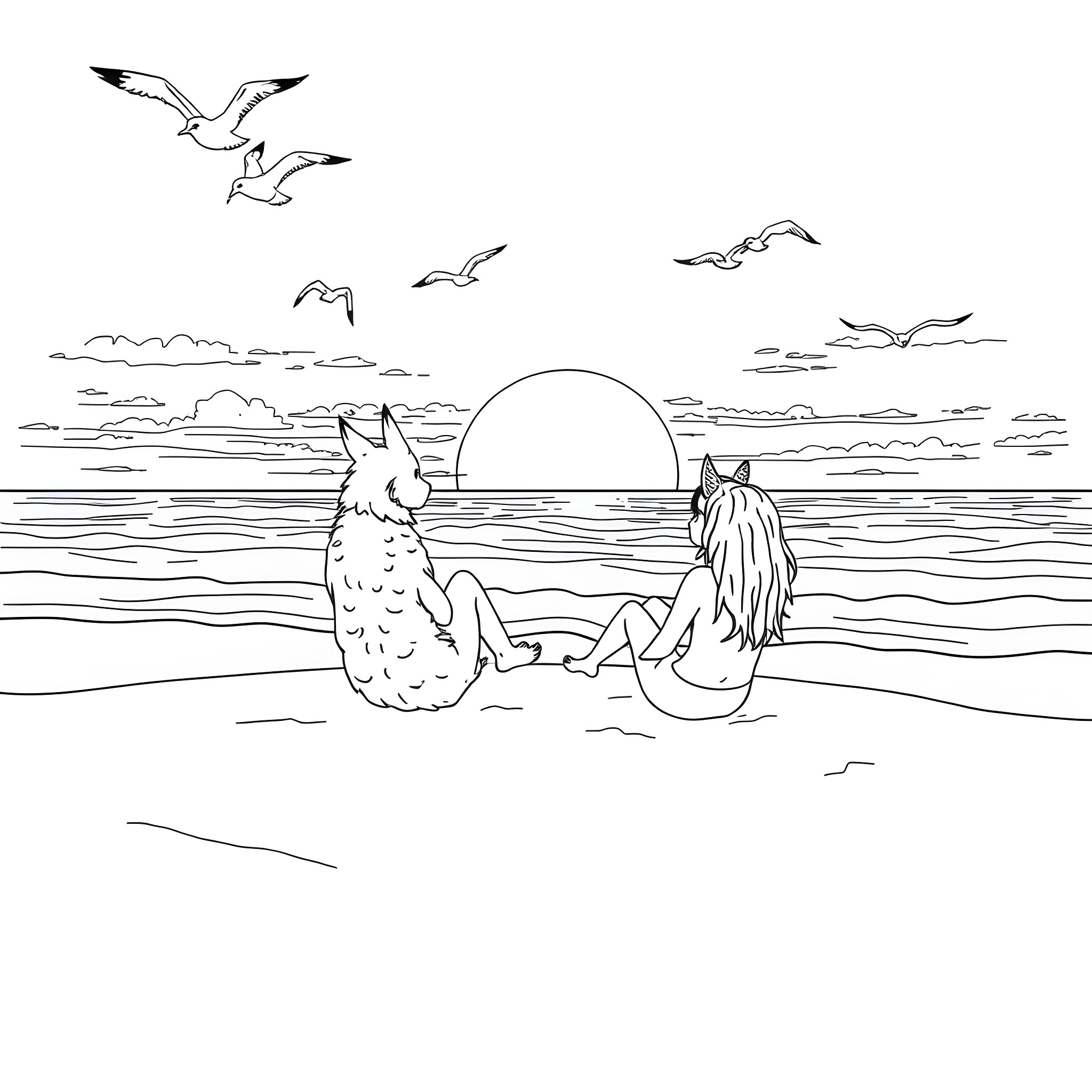 Blitzo and companion watching the sunset by the ocean Coloring Page (free black-and-white line drawing printable PDF for all, from beginners to advanced learners, including children, teens, adults, and seniors)