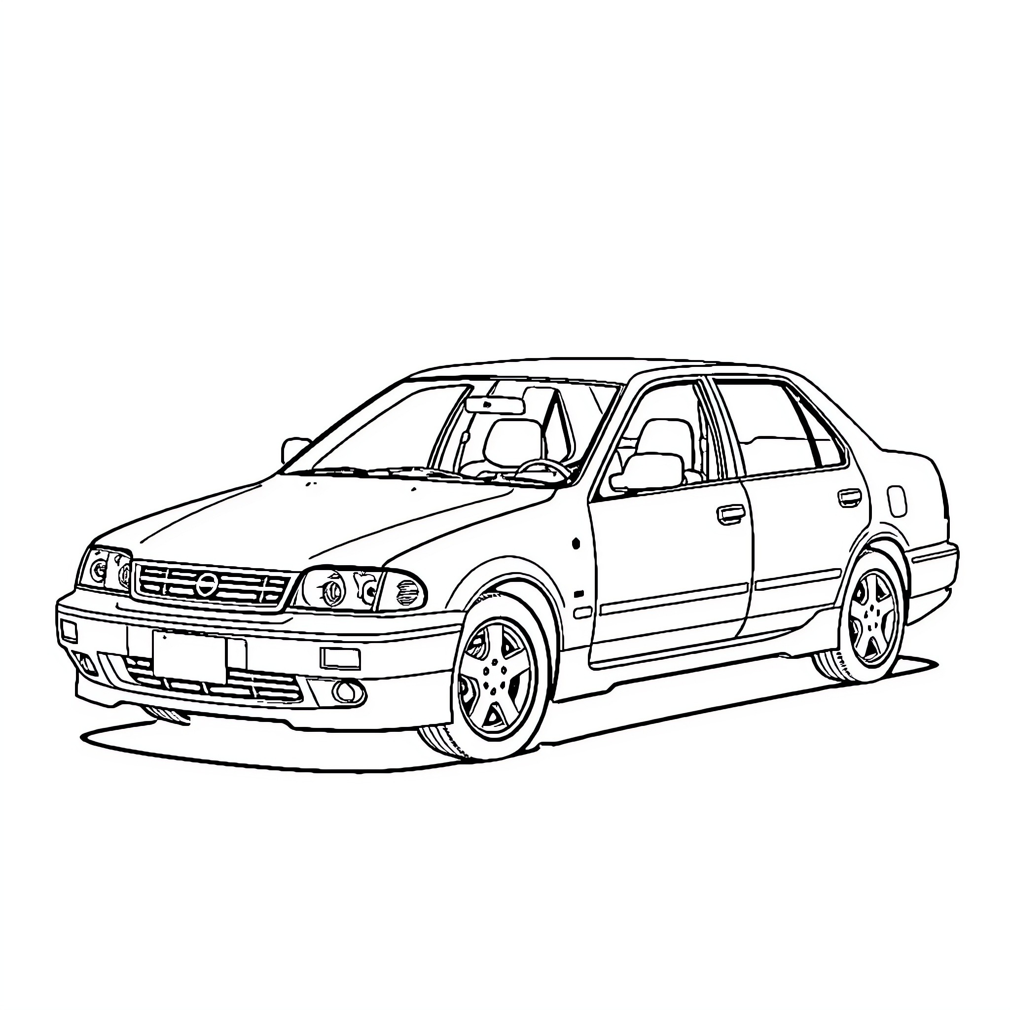 Nissan sedan with sporty appearance Coloring Page (free black-and-white line drawing printable PDF for all, from beginners to advanced learners, including children, teens, adults, and seniors)