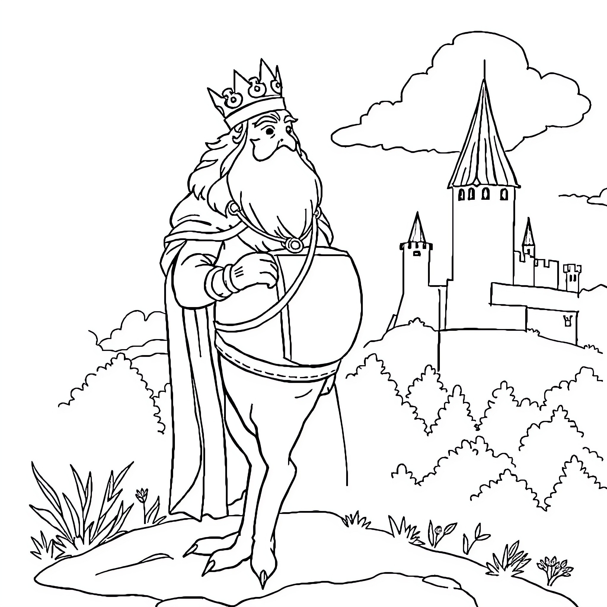 Roi standing proudly in a regal setting Coloring Page (free black-and-white line drawing printable PDF for all, from beginners to advanced learners, including children, teens, adults, and seniors)