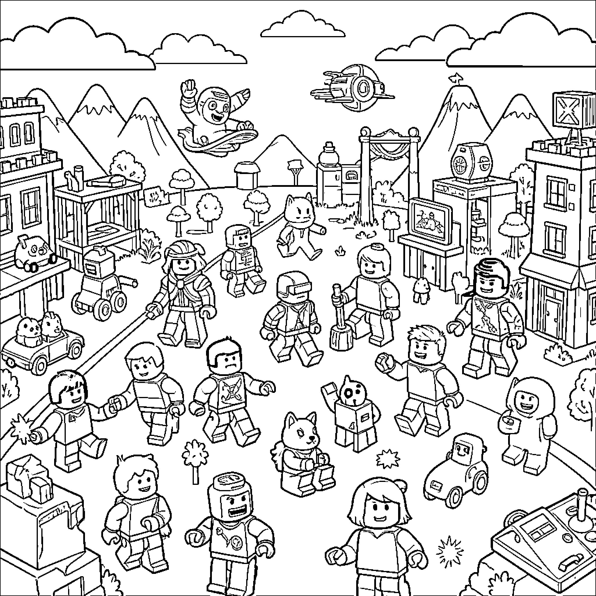 Roblox characters in an active and diverse scene Coloring Page (free black-and-white line drawing printable PDF for all, from beginners to advanced learners, including children, teens, adults, and seniors)