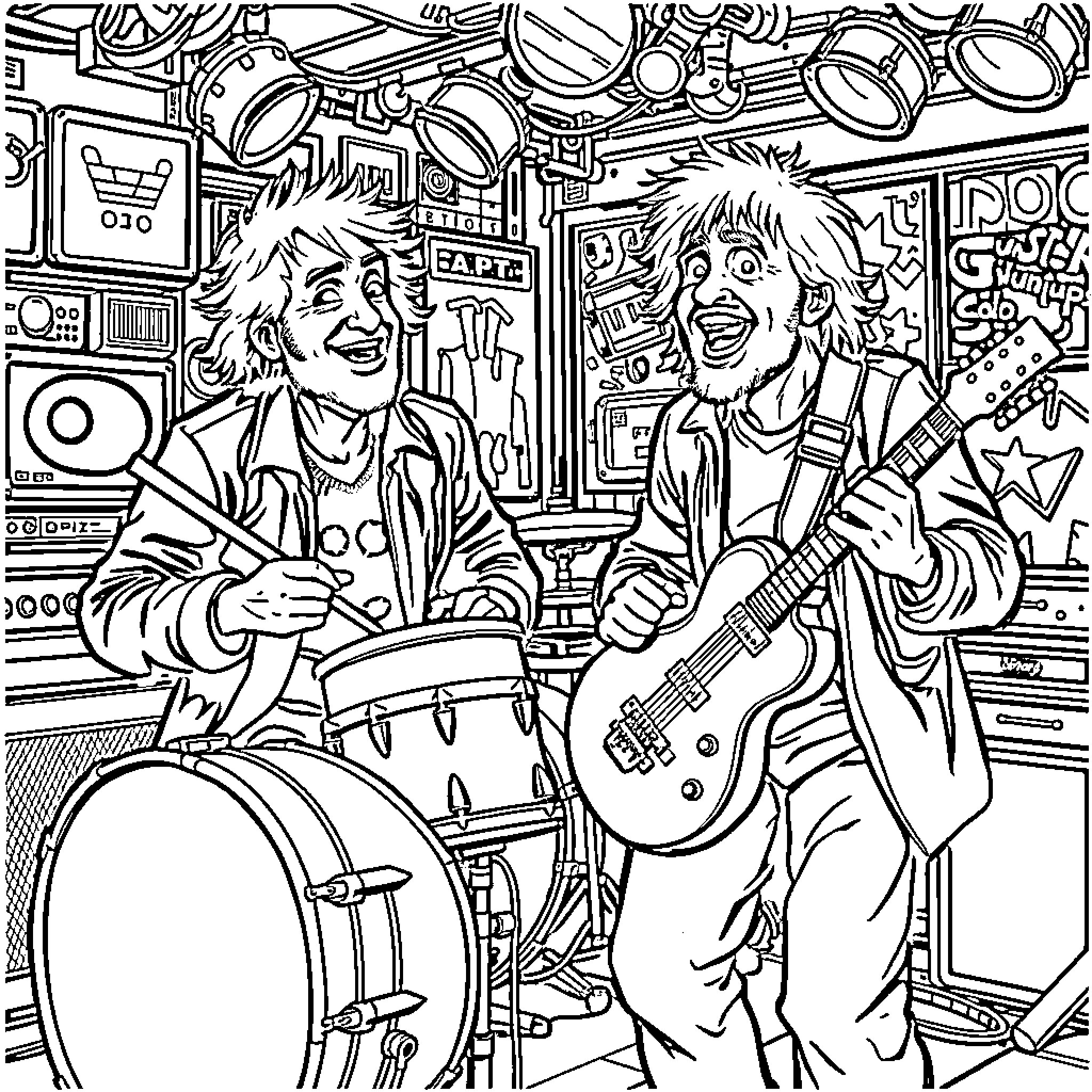 Station of Two Cheerful Musicians Playing Drums and Guitar Coloring Page (free black-and-white line drawing printable PDF for all, from beginners to advanced learners, including children, teens, adults, and seniors)