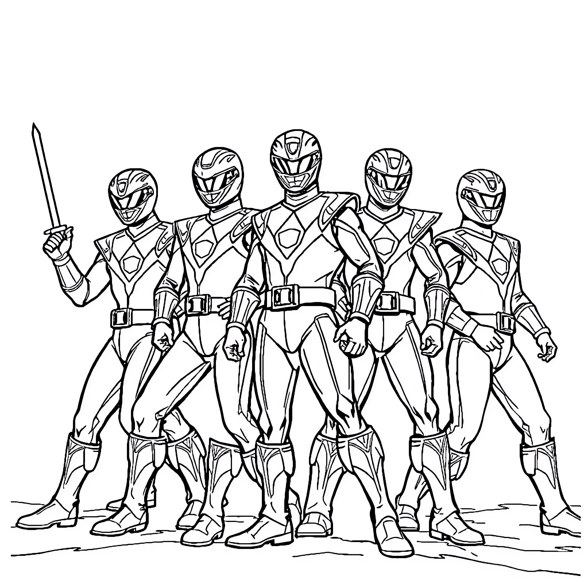 Power Rangers Posing in Action-Ready Stances Coloring Page (free black-and-white line drawing printable PDF for all, from beginners to advanced learners, including children, teens, adults, and seniors)