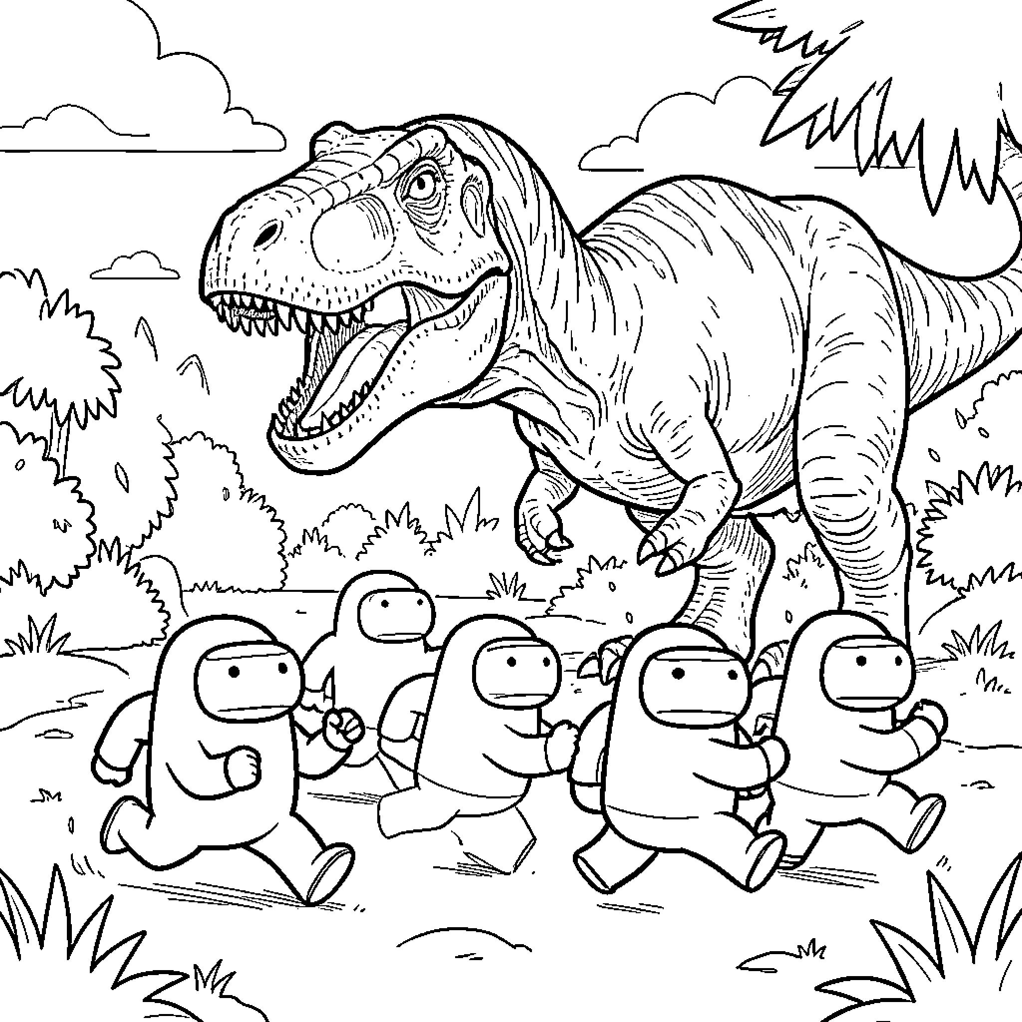 Among Us Characters running away from a dinosaur Coloring Page (free black-and-white line drawing printable PDF for all, from beginners to advanced learners, including children, teens, adults, and seniors)