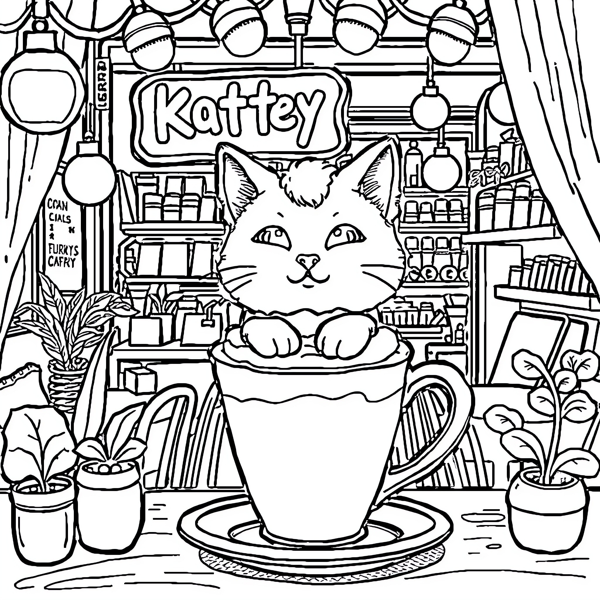 Kitty relaxing in a cozy shop Coloring Page (free black-and-white line drawing printable PDF for all, from beginners to advanced learners, including children, teens, adults, and seniors)