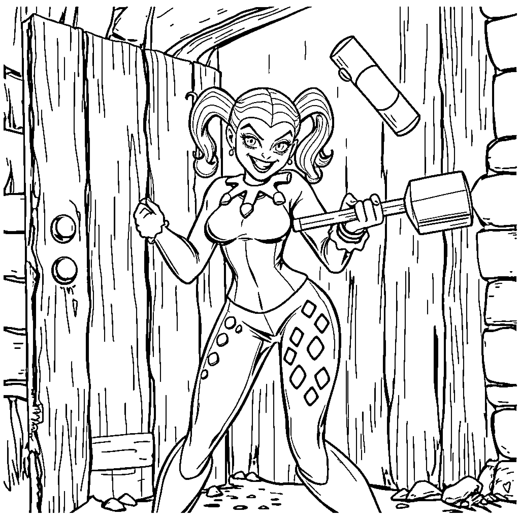 Harley Quinn's Mischievous Adventure in the Junkyard Coloring Page (free black-and-white line drawing printable PDF for all, from beginners to advanced learners, including children, teens, adults, and seniors)