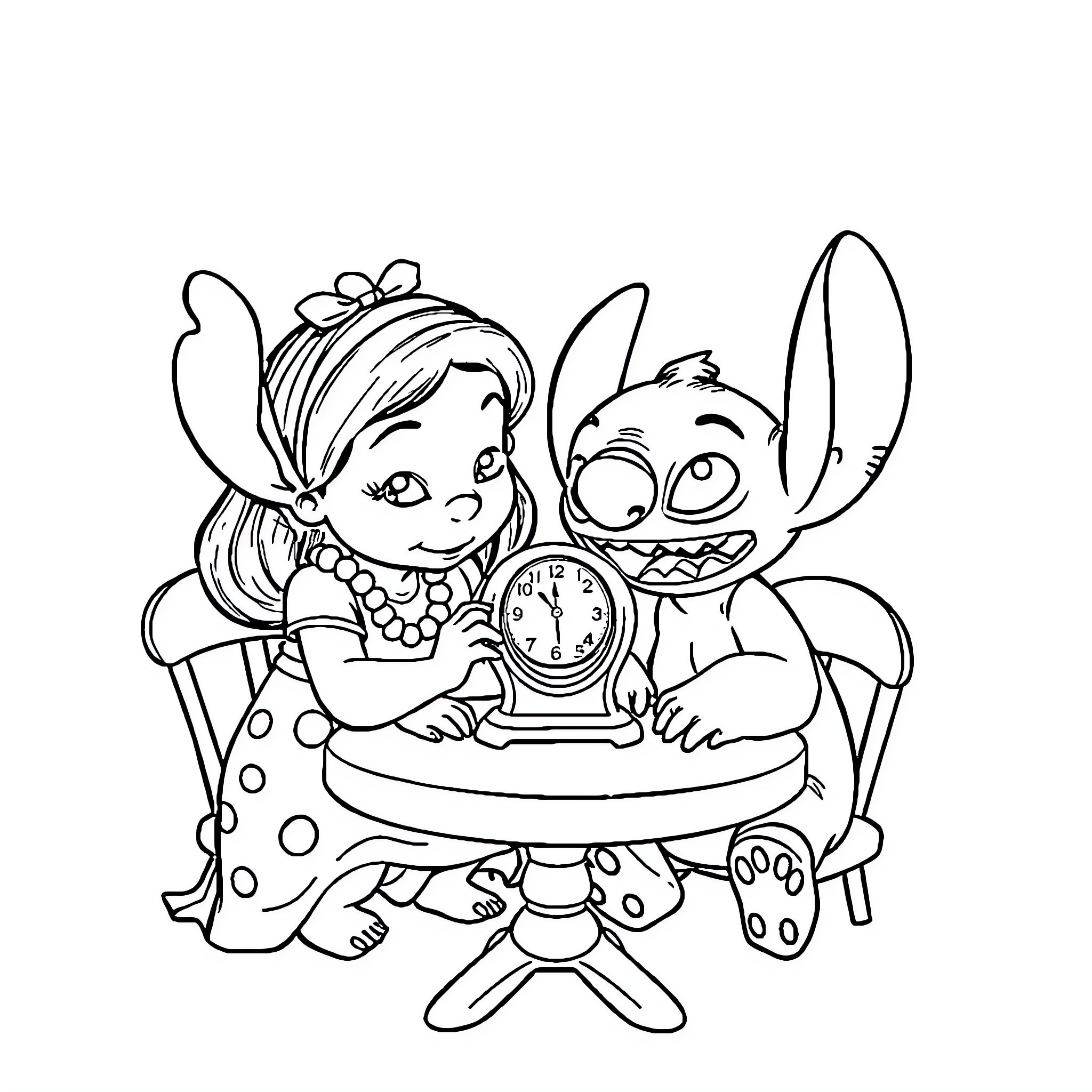 Lilo and Stitch Having Fun Together Coloring Page (free black-and-white line drawing printable PDF for all, from beginners to advanced learners, including children, teens, adults, and seniors)