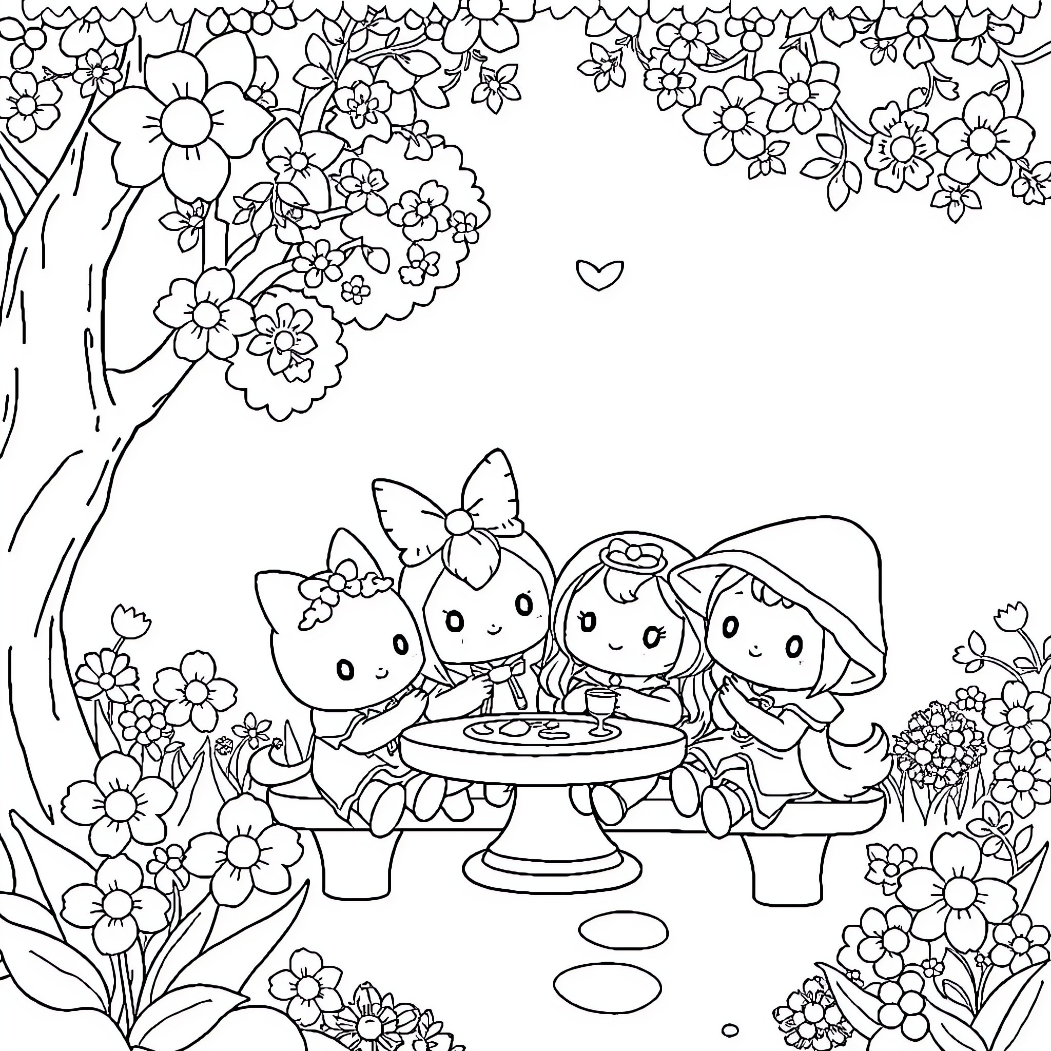 Kuromi and Friends Enjoying a Whimsical Tea Party Coloring Page (free black-and-white line drawing printable PDF for all, from beginners to advanced learners, including children, teens, adults, and seniors)