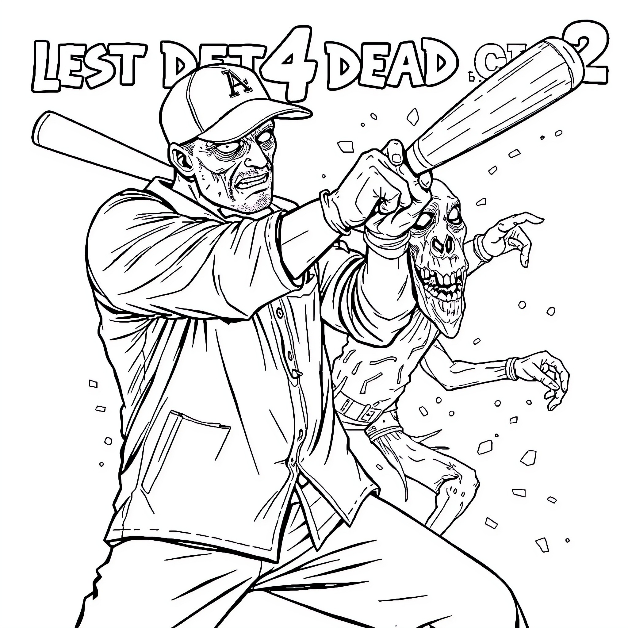 Coach battles menacing zombie with baseball bat Coloring Page (free black-and-white line drawing printable PDF for all, from beginners to advanced learners, including children, teens, adults, and seniors)