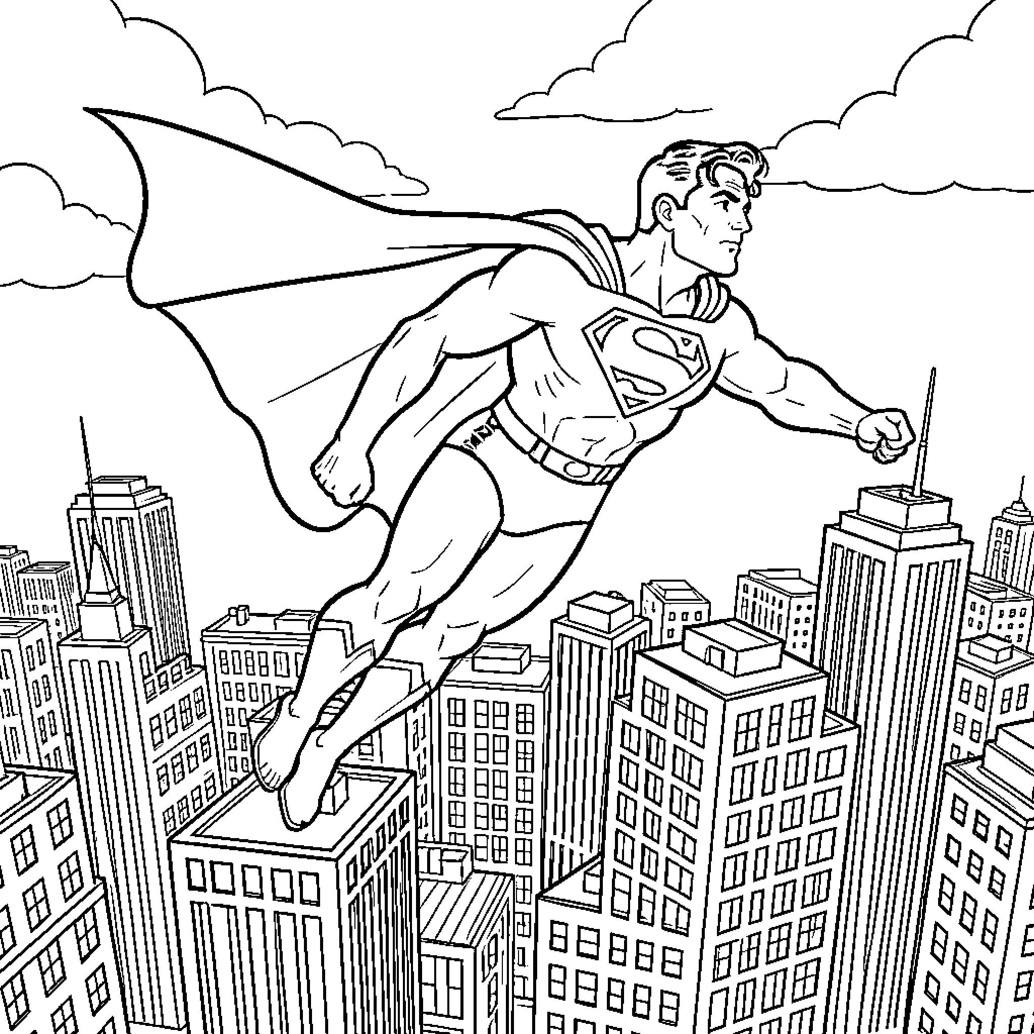 Superman flying heroically over a city skyline Coloring Page (free black-and-white line drawing printable PDF for all, from beginners to advanced learners, including children, teens, adults, and seniors)